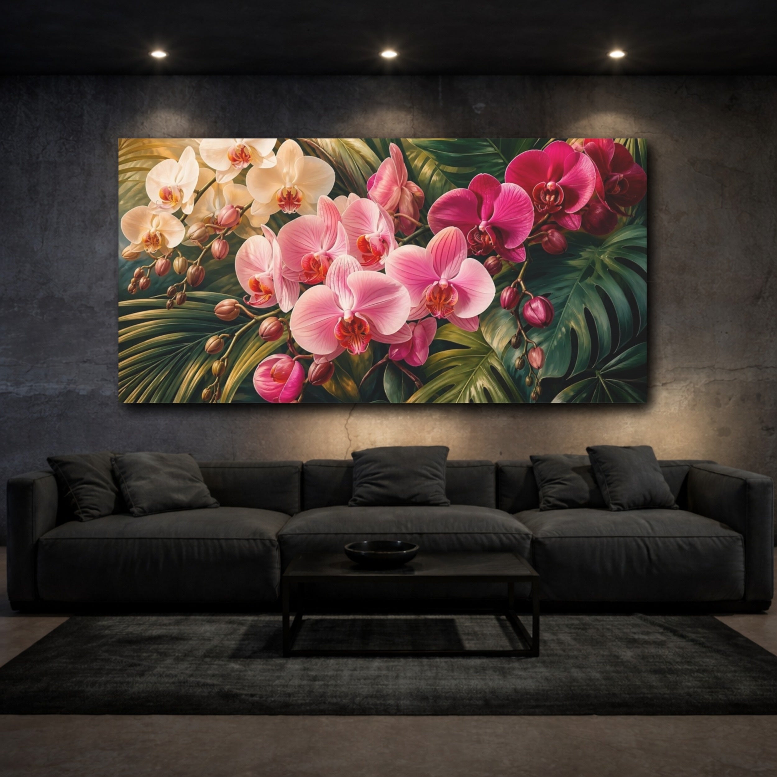 Mockup 3. Floral Orchids Pink Orchids shown as stretched canvas wall art