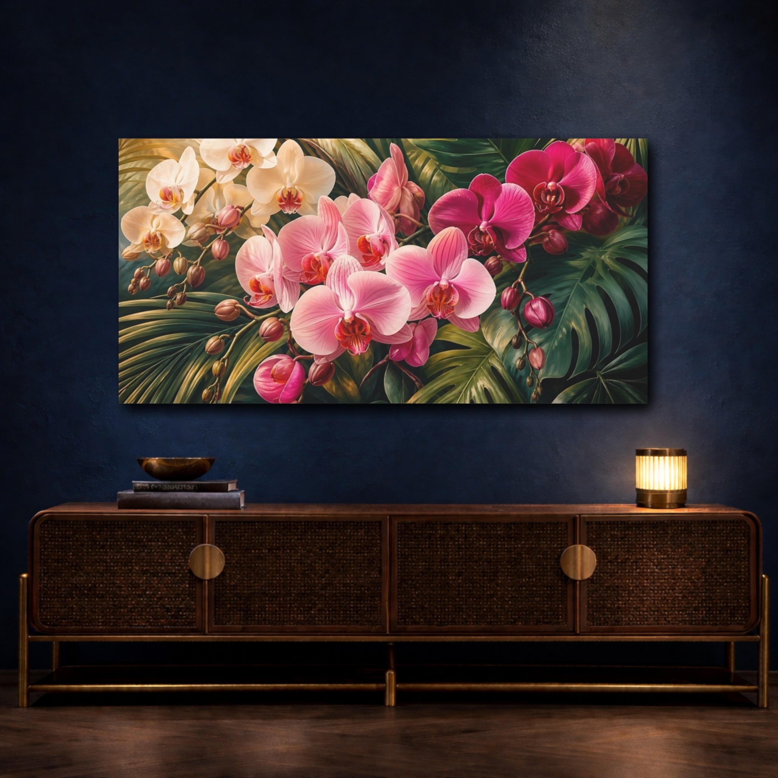 Mockup 4. Floral Orchids Pink Orchids shown as stretched canvas wall art
