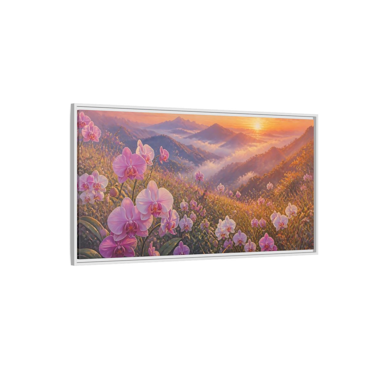 Side Mockup 3. Floral Orchids Pink Orchid Sunrise shown as stretched canvas wall art