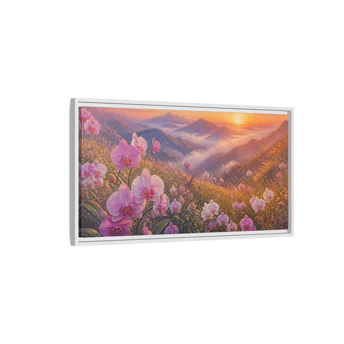 Side Mockup 1. Floral Orchids Pink Orchid Sunrise shown as stretched canvas wall art
