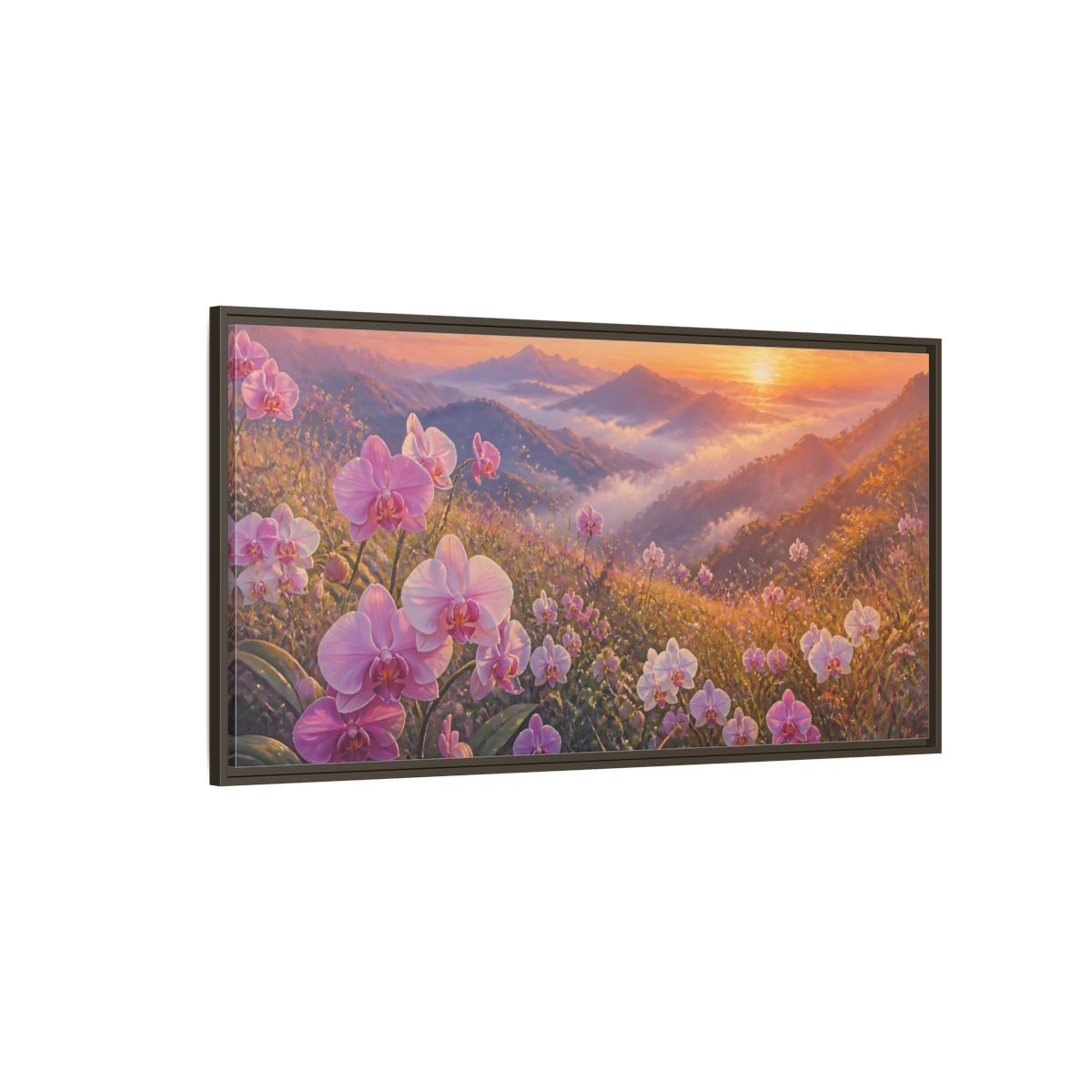 Side Mockup 4. Floral Orchids Pink Orchid Sunrise shown as stretched canvas wall art