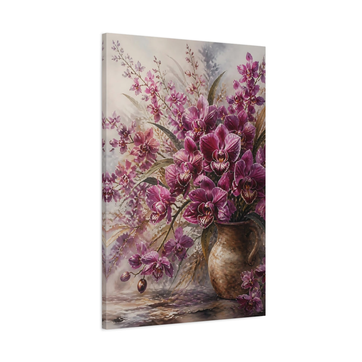 Main Mockup. Floral Orchids Purple And Brown shown as stretched canvas wall art