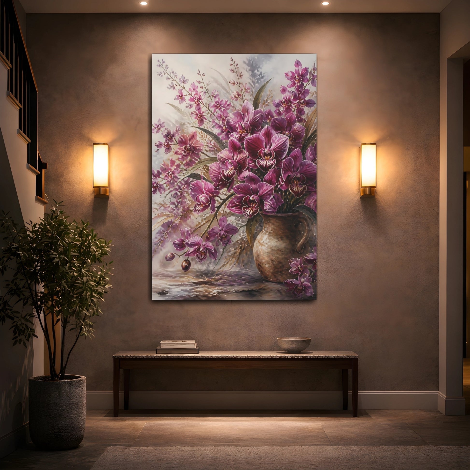 Mockup 2. Floral Orchids Purple And Brown shown as stretched canvas wall art