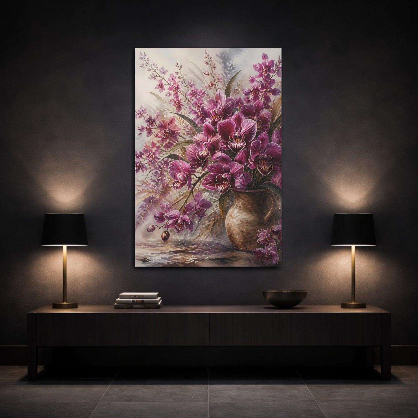 Mockup 3. Floral Orchids Purple And Brown shown as stretched canvas wall art