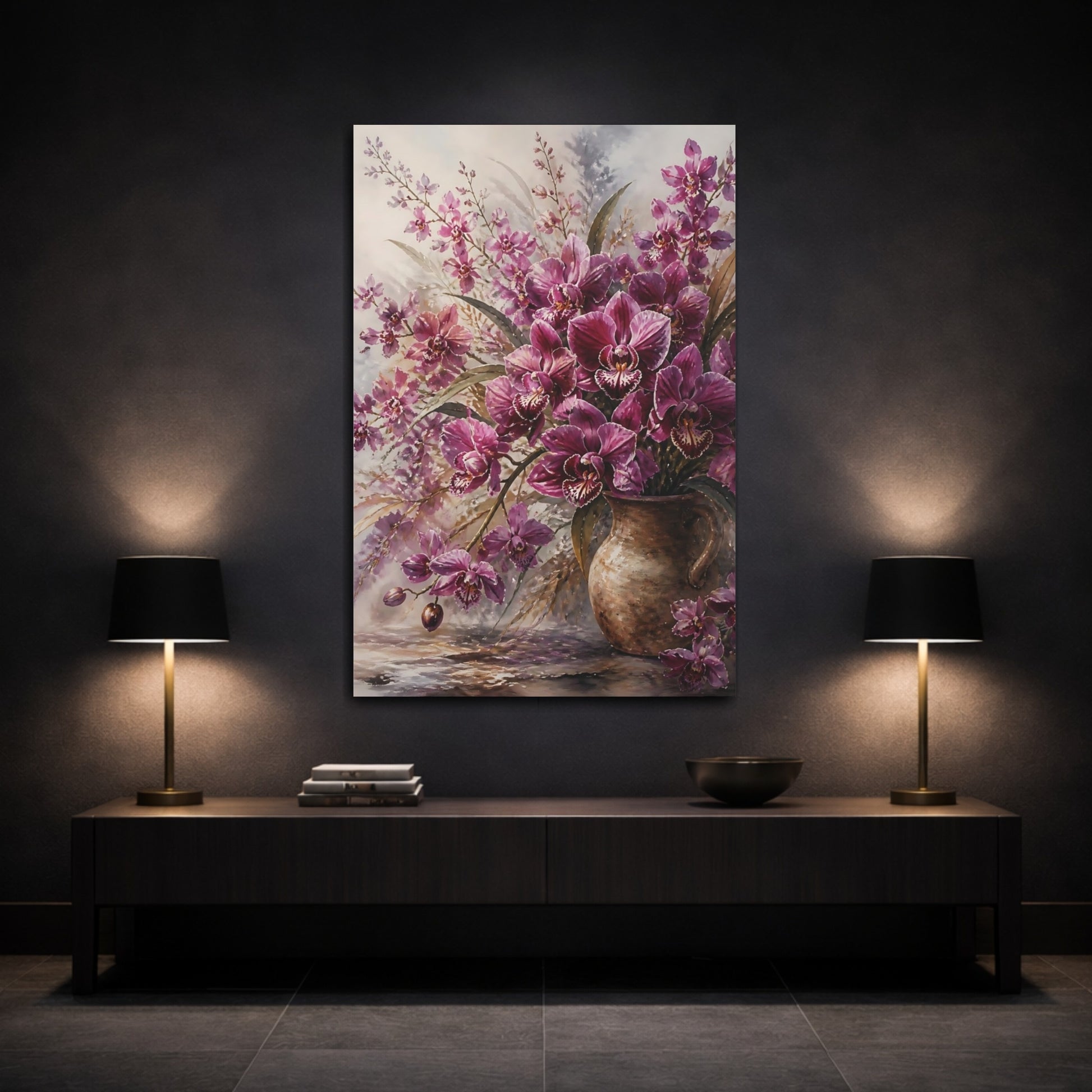 Mockup 3. Floral Orchids Purple And Brown shown as stretched canvas wall art