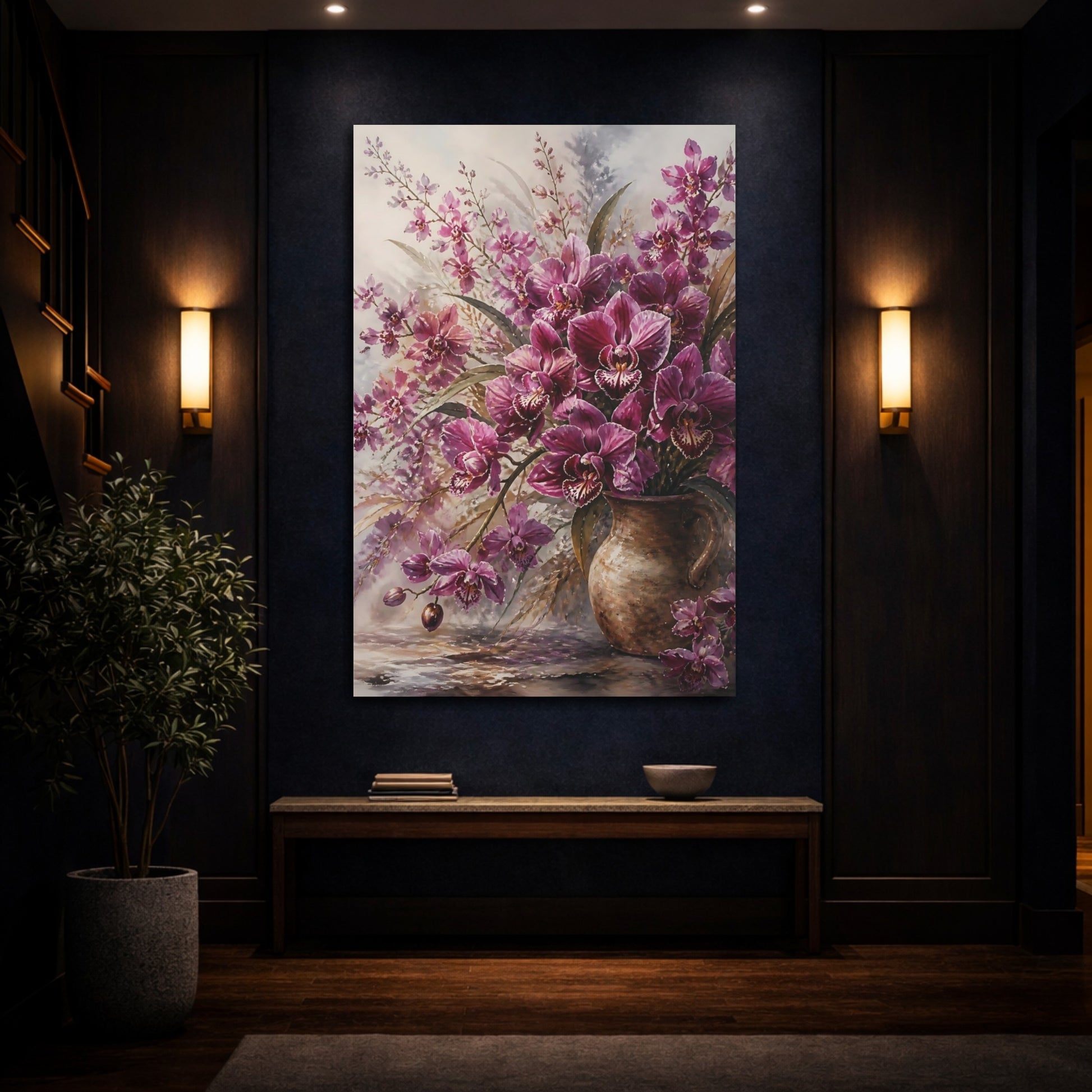 Mockup 4. Floral Orchids Purple And Brown shown as stretched canvas wall art