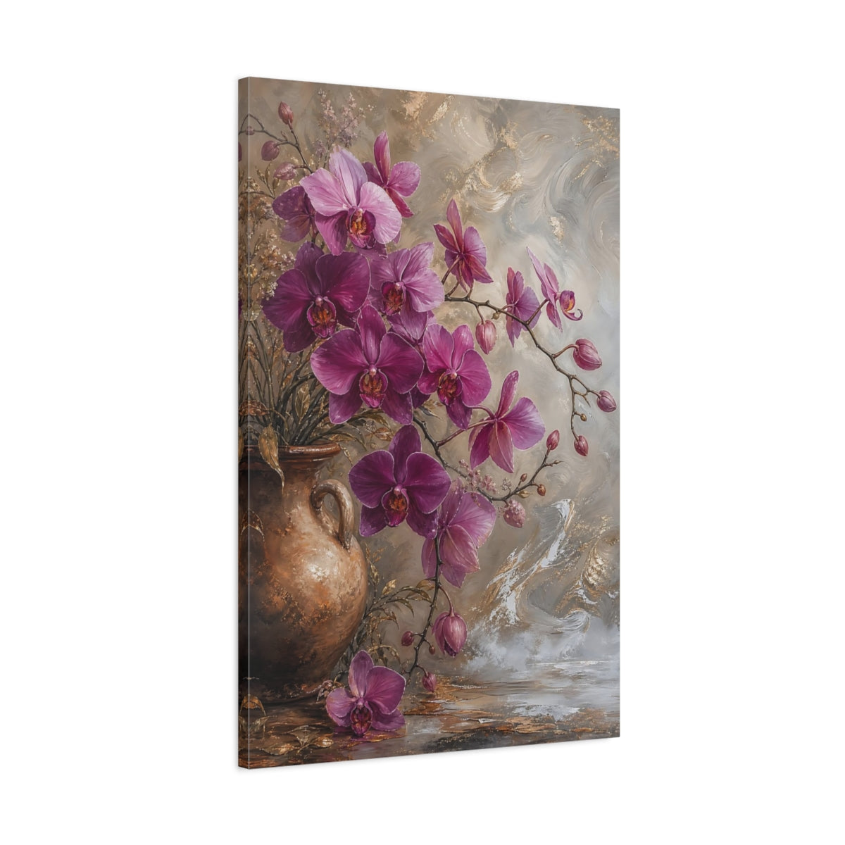 Main Mockup. Floral Orchids Purple And Gold shown as stretched canvas wall art