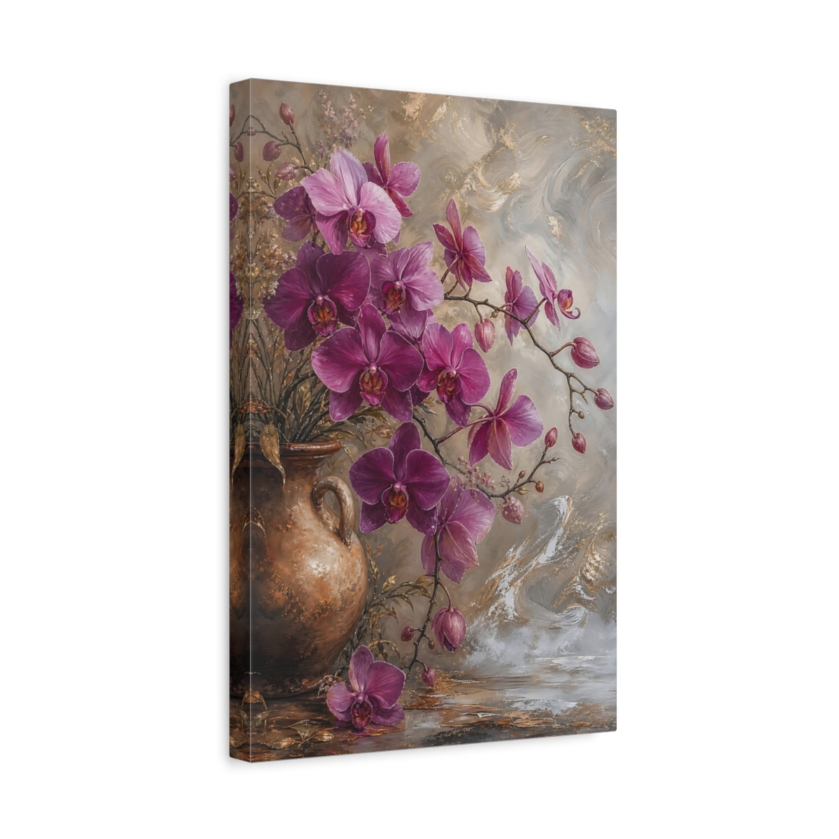 Side Mockup 4. Floral Orchids Purple And Gold shown as stretched canvas wall art