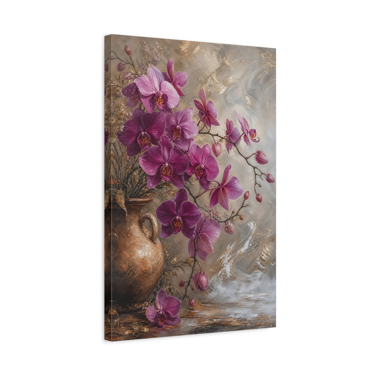 Side Mockup 3. Floral Orchids Purple And Gold shown as stretched canvas wall art