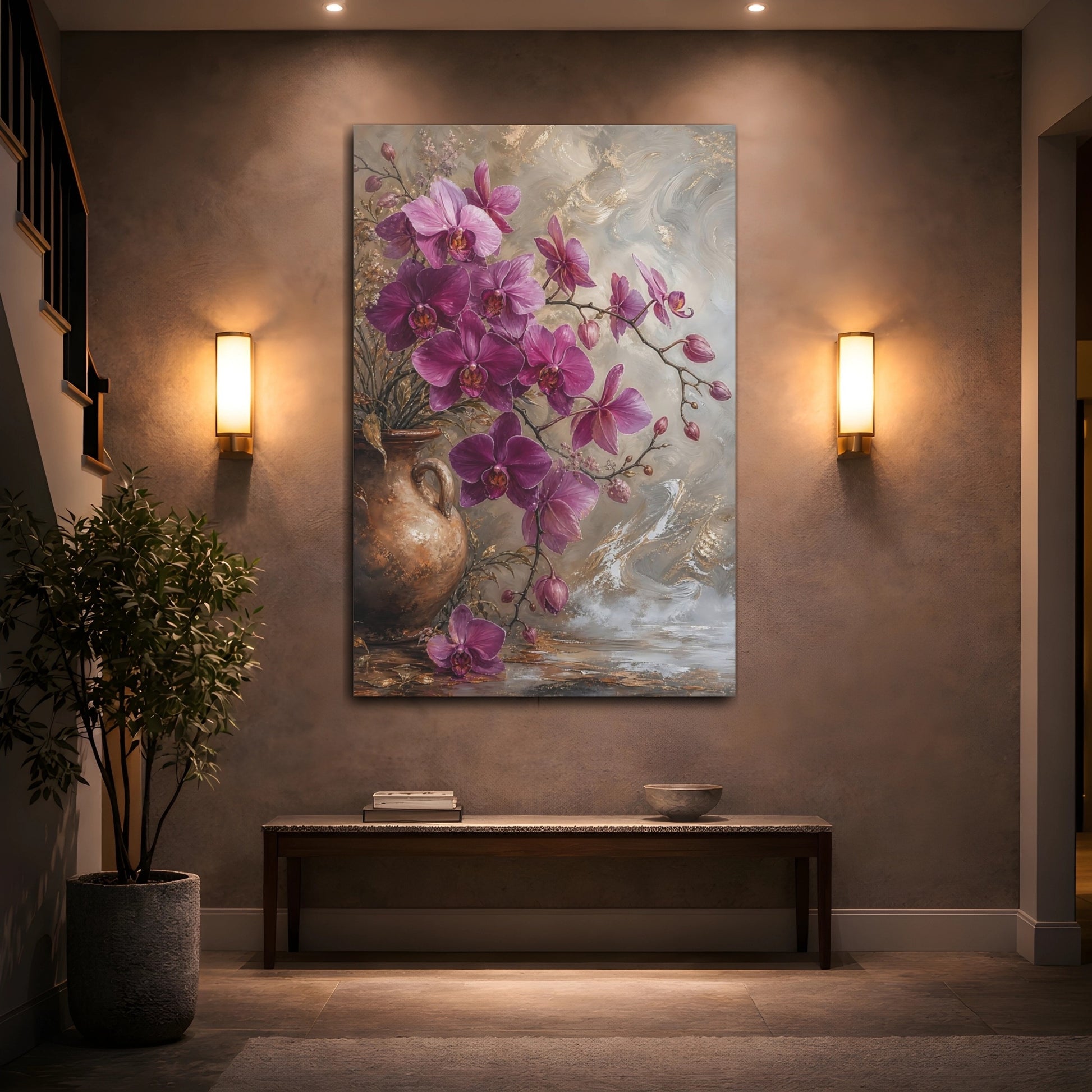 Mockup 2. Floral Orchids Purple And Gold shown as stretched canvas wall art
