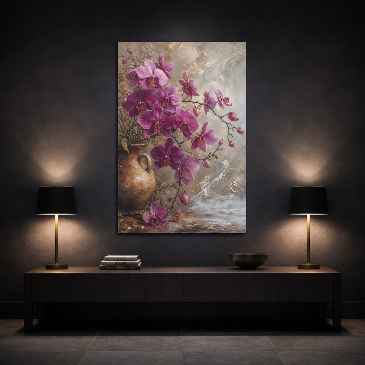 Mockup 3. Floral Orchids Purple And Gold shown as stretched canvas wall art