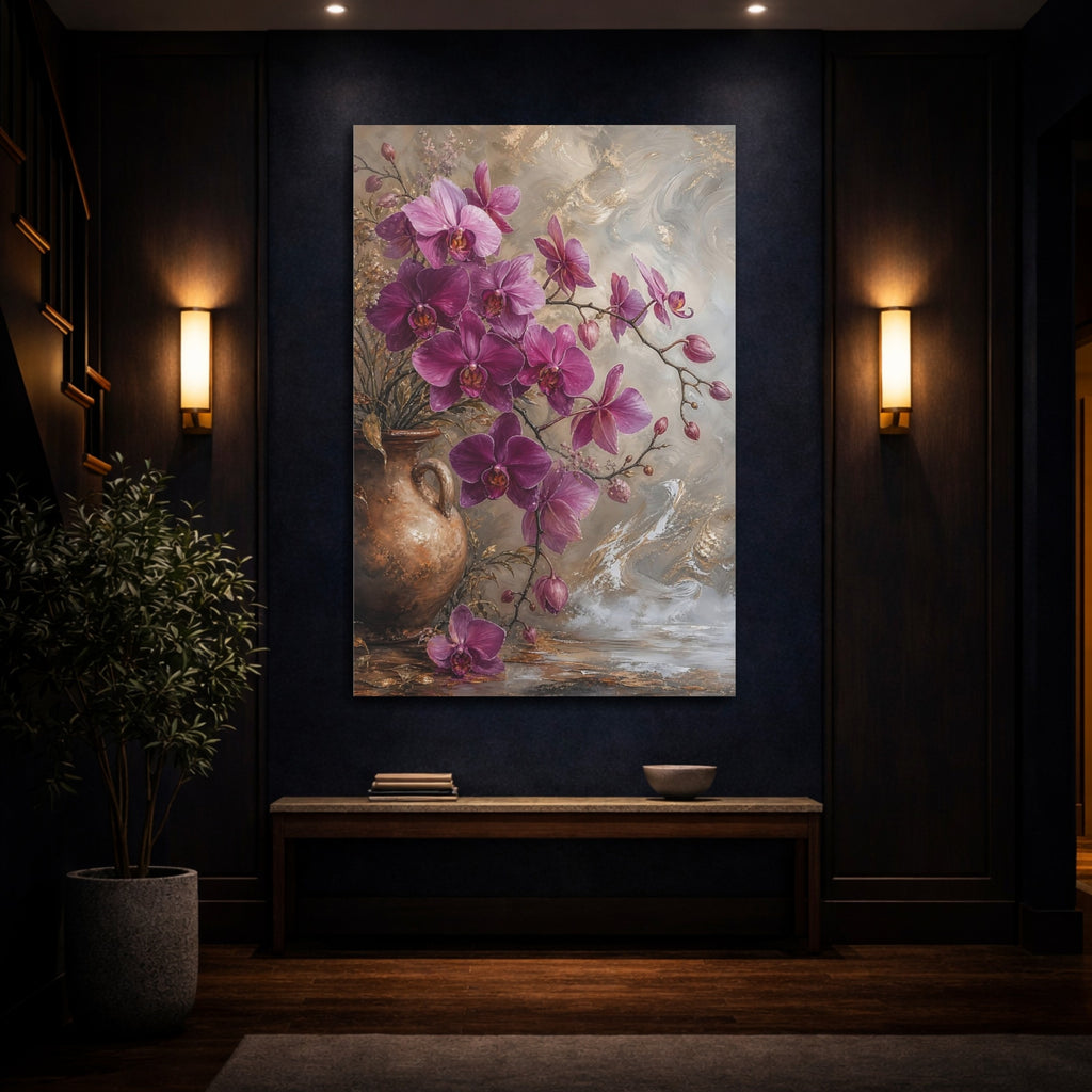 Mockup 4. Floral Orchids Purple And Gold shown as stretched canvas wall art