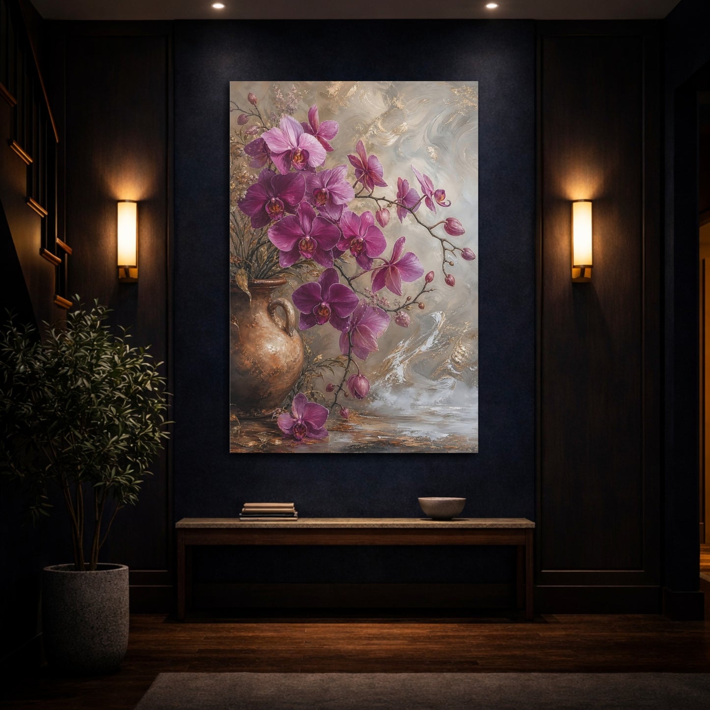 Mockup 4. Floral Orchids Purple And Gold shown as stretched canvas wall art