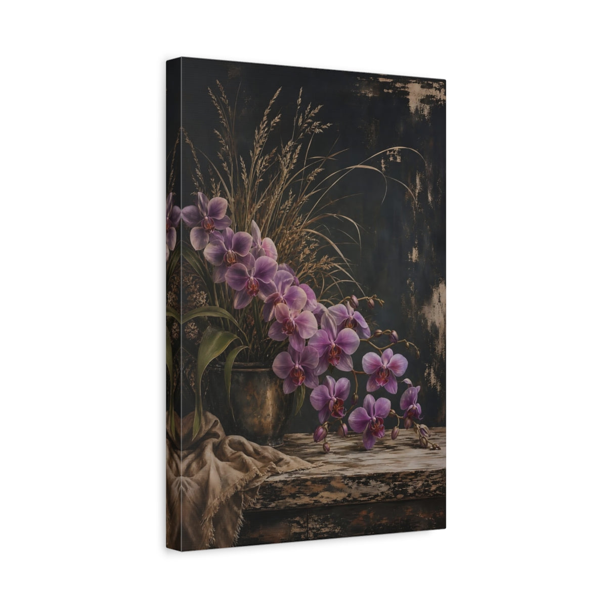 Side Mockup 4. Floral Orchids Purple Orchids shown as stretched canvas wall art