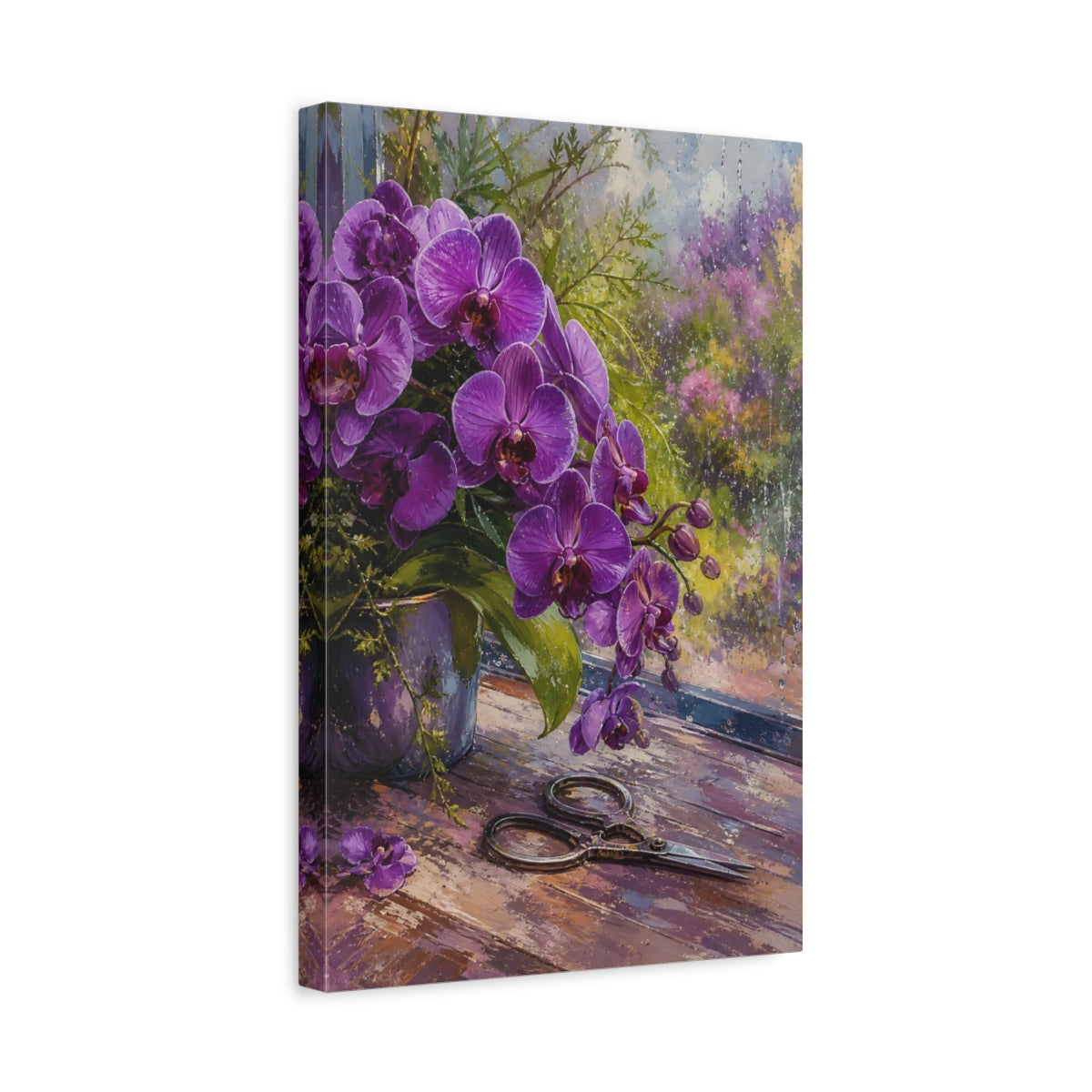 Side Mockup 4. Floral Orchids Purple Orchids shown as stretched canvas wall art