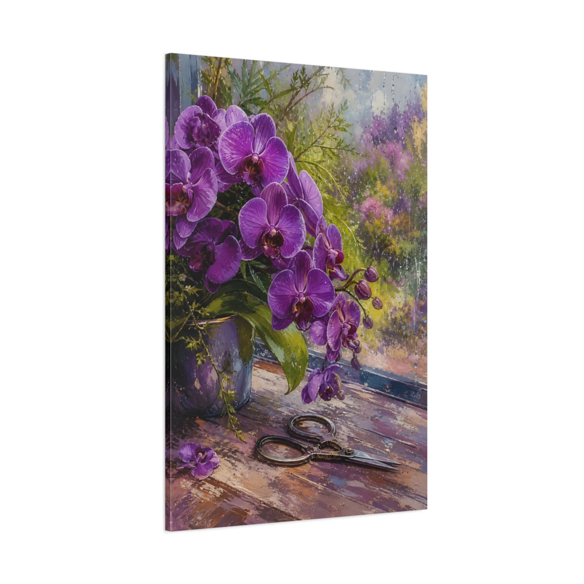 Side Mockup 1. Floral Orchids Purple Orchids shown as stretched canvas wall art
