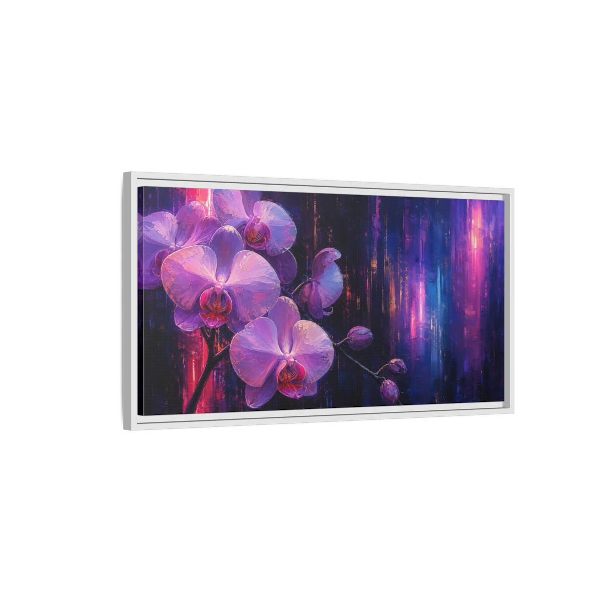 Side Mockup 1. Floral Orchids Purple Orchids shown as stretched canvas wall art