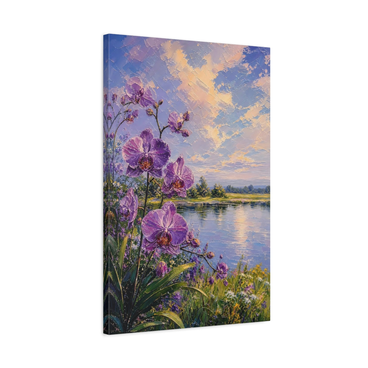 Side Mockup 2. Floral Orchids Purple Orchids Lake shown as stretched canvas wall art