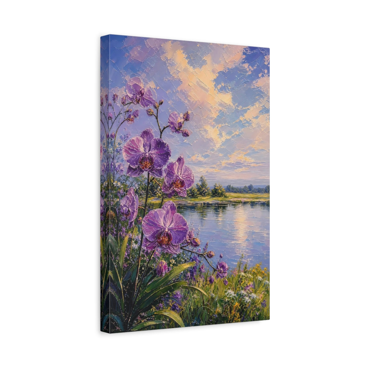 Side Mockup 4. Floral Orchids Purple Orchids Lake shown as stretched canvas wall art