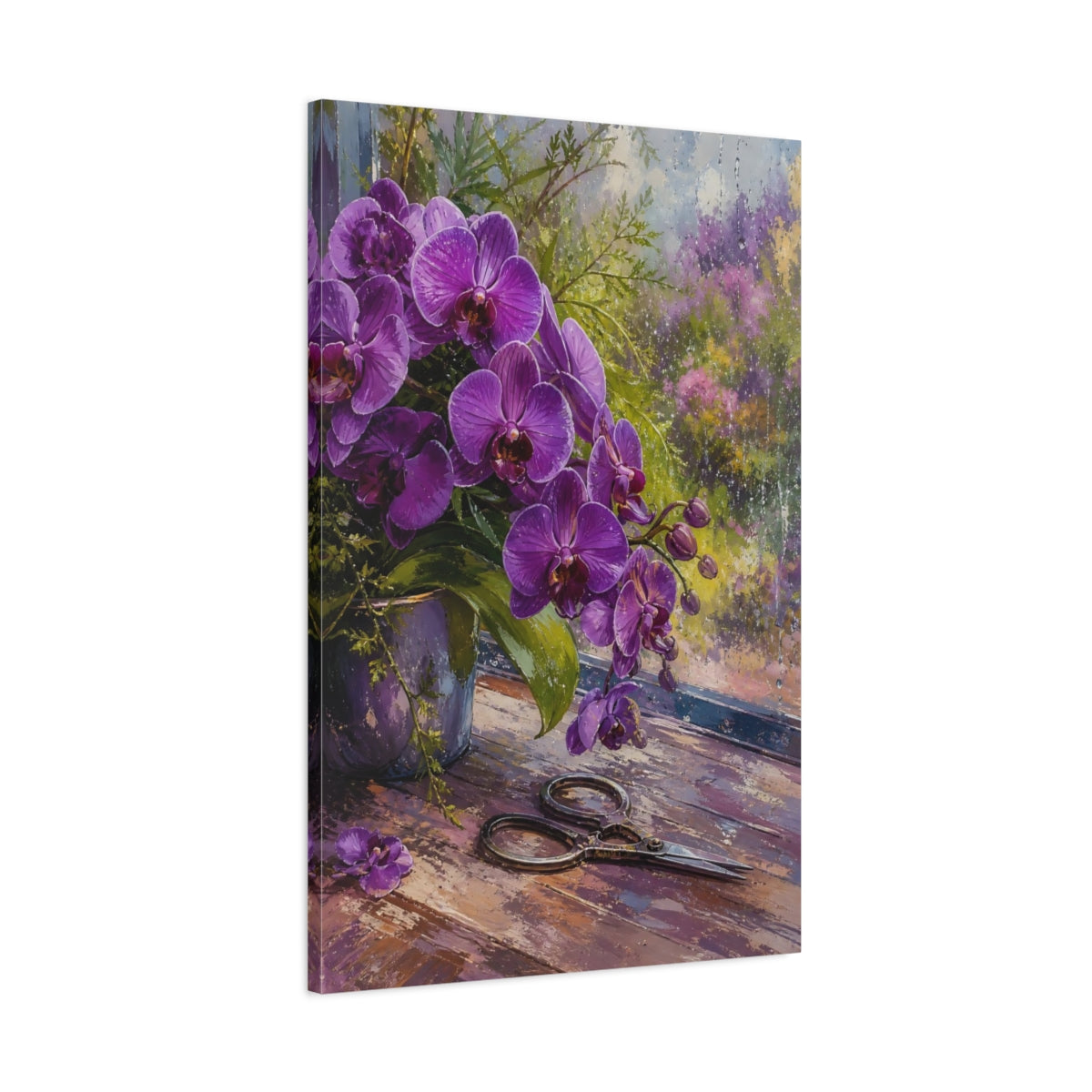 Main Mockup. Floral Orchids Purple Orchids shown as stretched canvas wall art