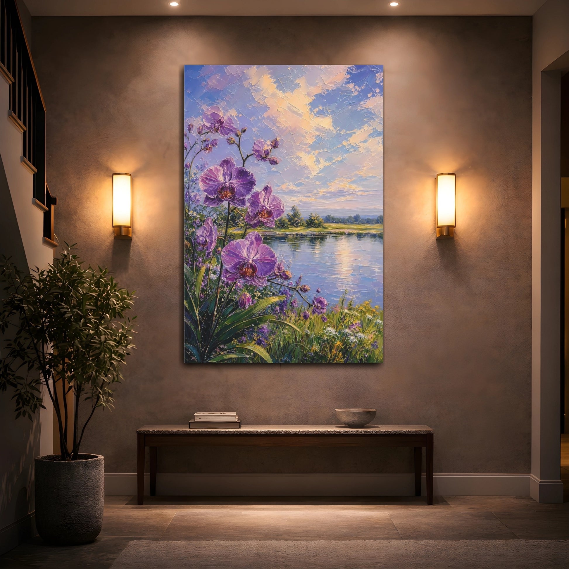 Mockup 2. Floral Orchids Purple Orchids Lake shown as stretched canvas wall art