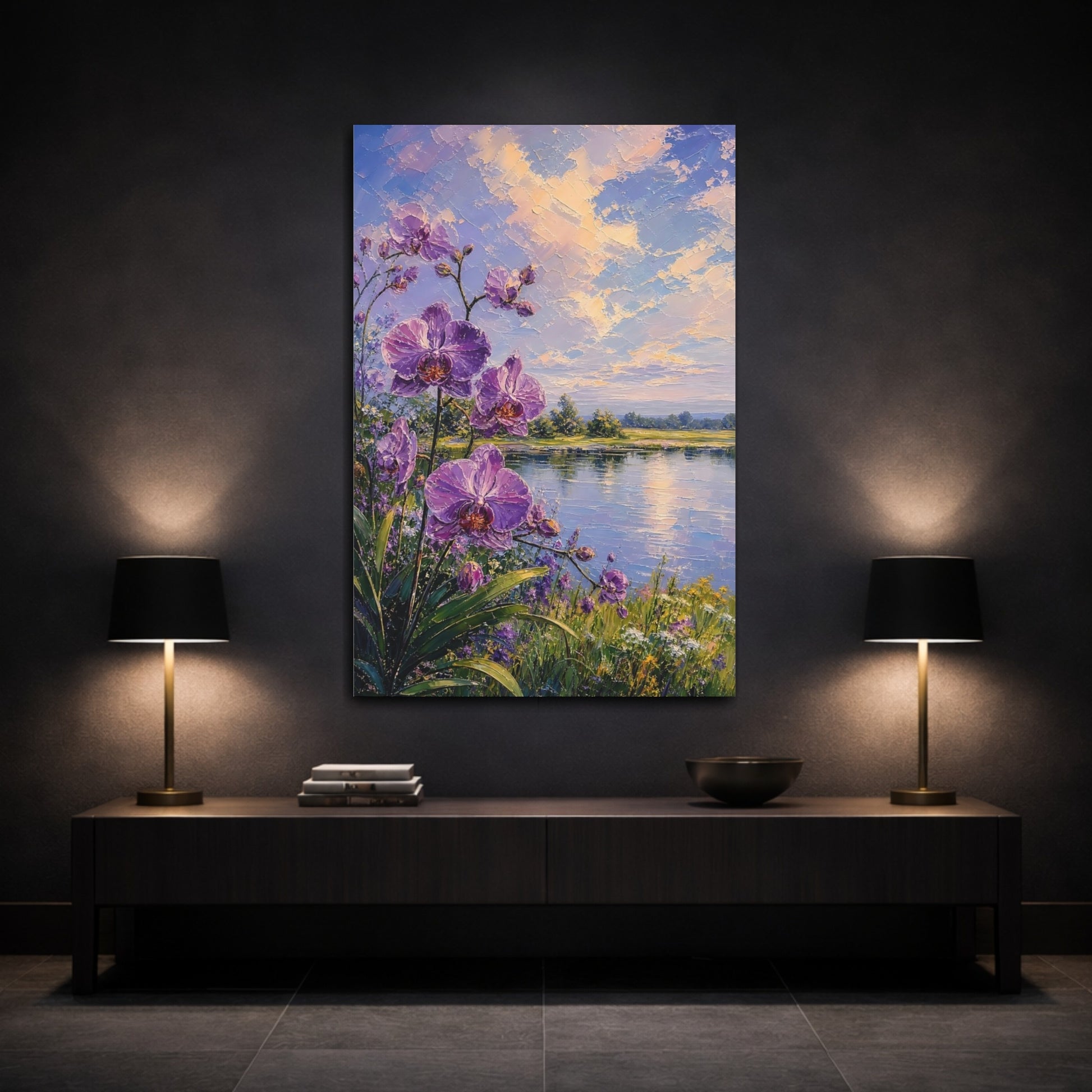 Mockup 3. Floral Orchids Purple Orchids Lake shown as stretched canvas wall art