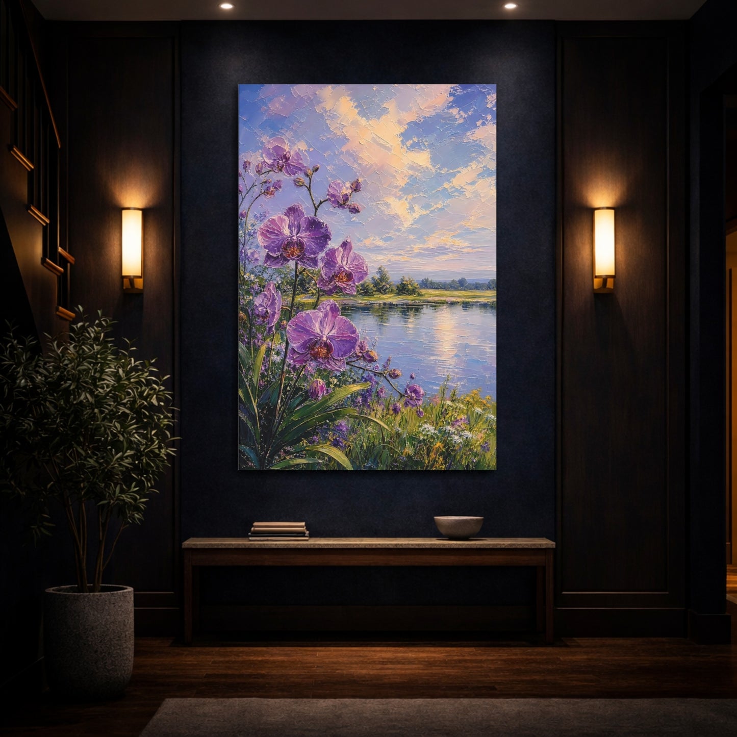 Mockup 4. Floral Orchids Purple Orchids Lake shown as stretched canvas wall art