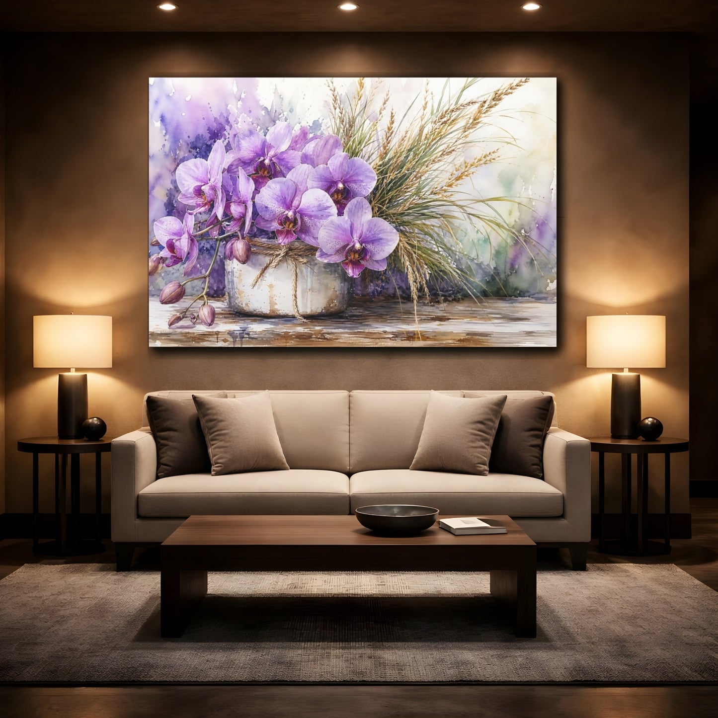 Mockup 2. Floral Orchids Purple Orchids shown as stretched canvas wall art