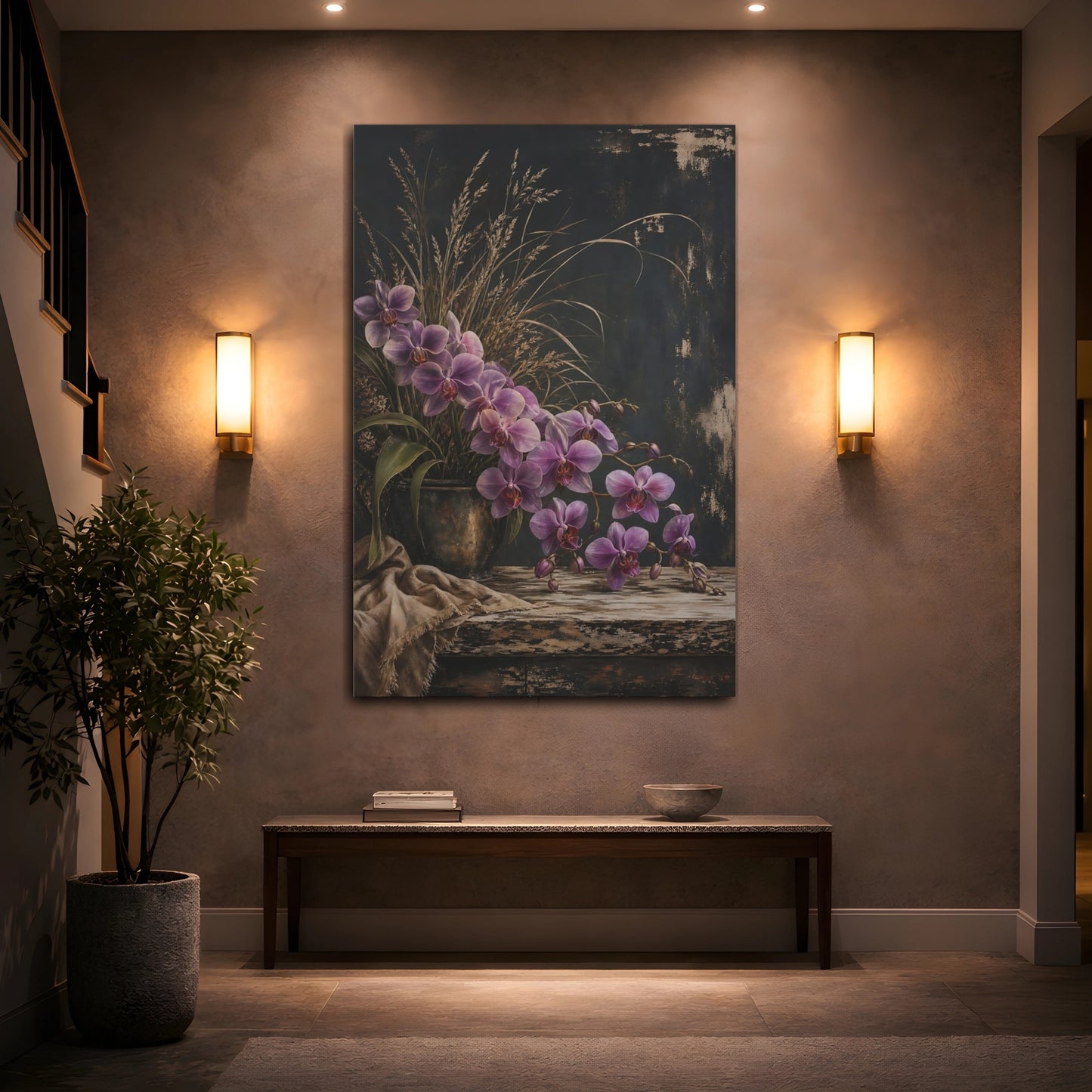 Mockup 2. Floral Orchids Purple Orchids shown as stretched canvas wall art