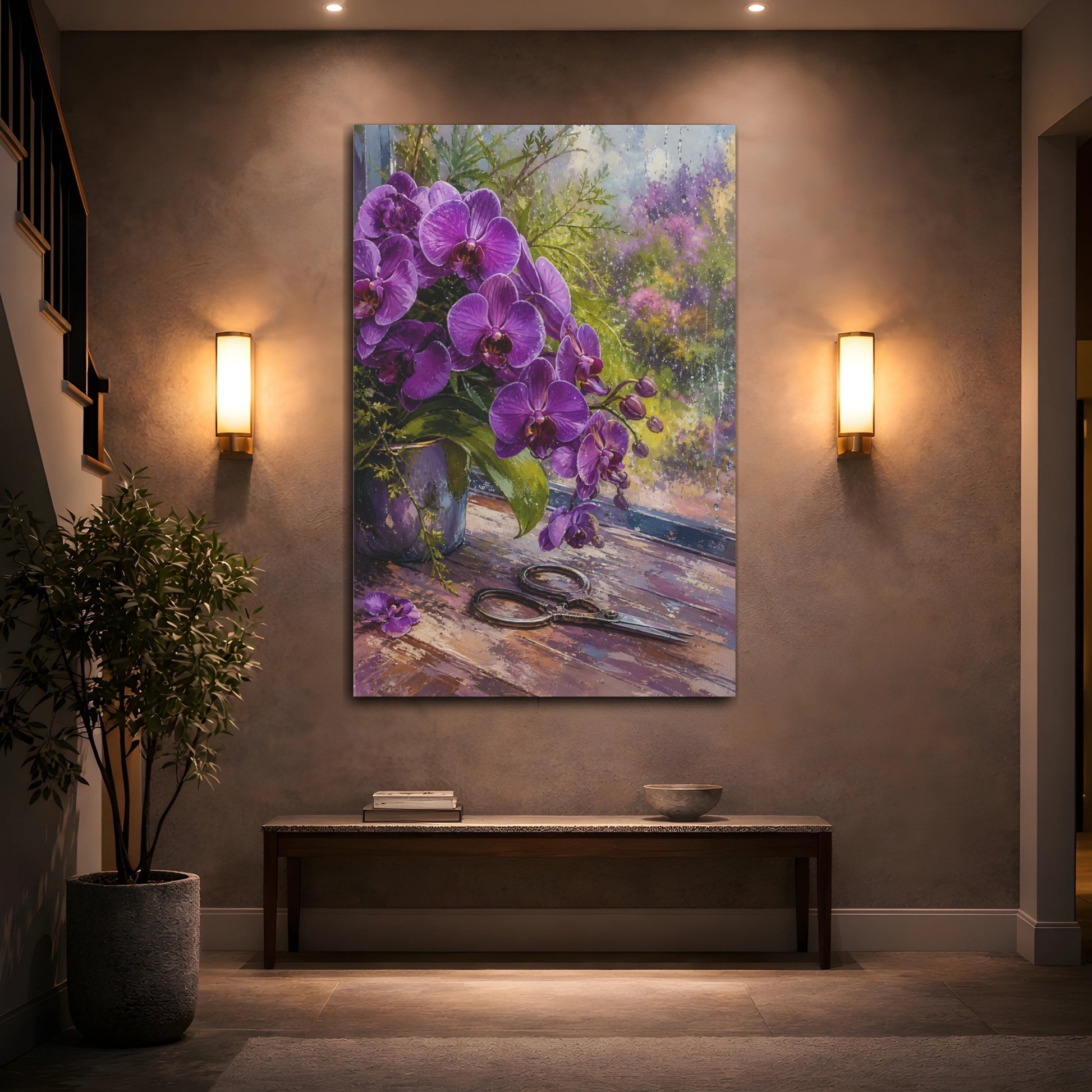 Mockup 2. Floral Orchids Purple Orchids shown as stretched canvas wall art