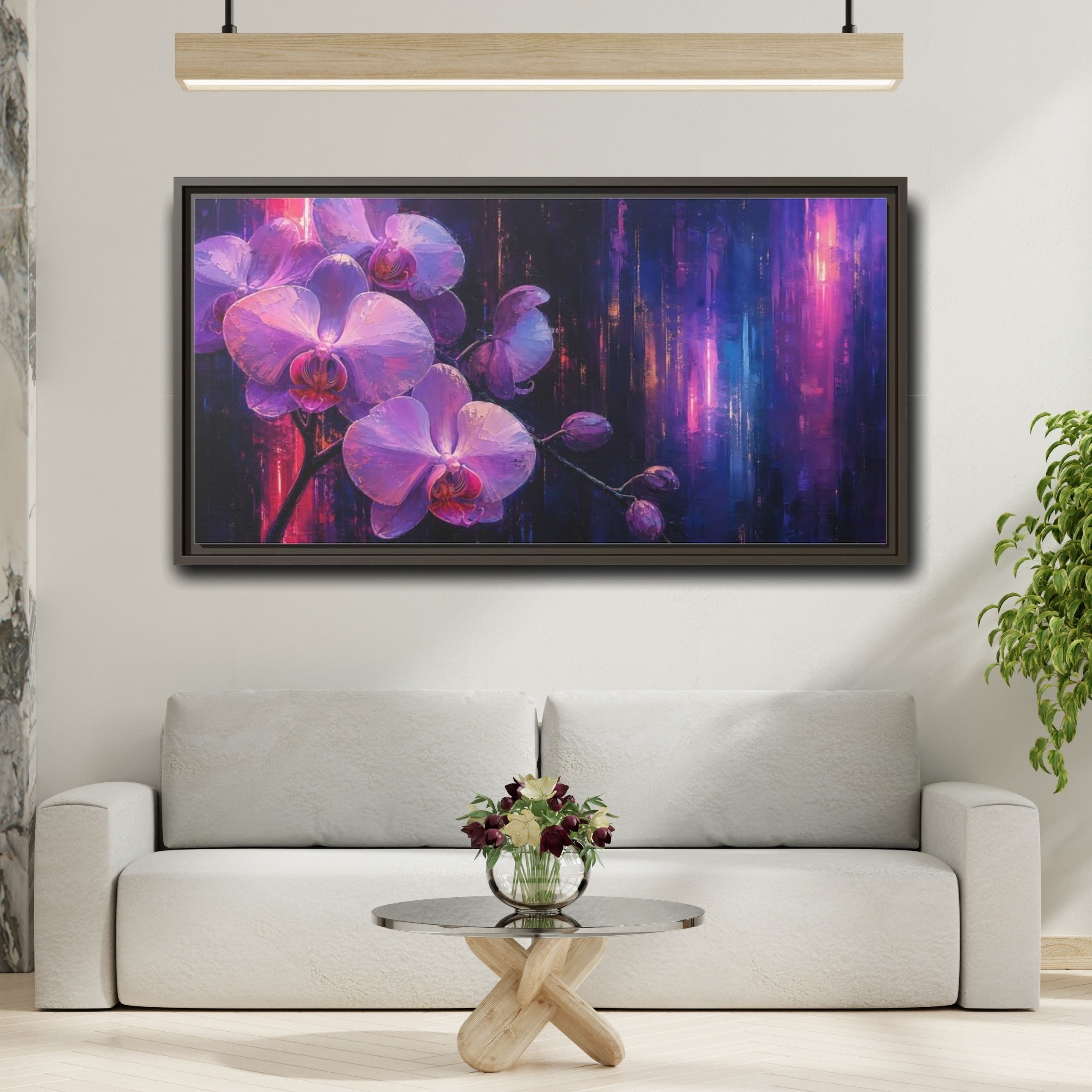 Mockup 2. Floral Orchids Purple Orchids shown as stretched canvas wall art