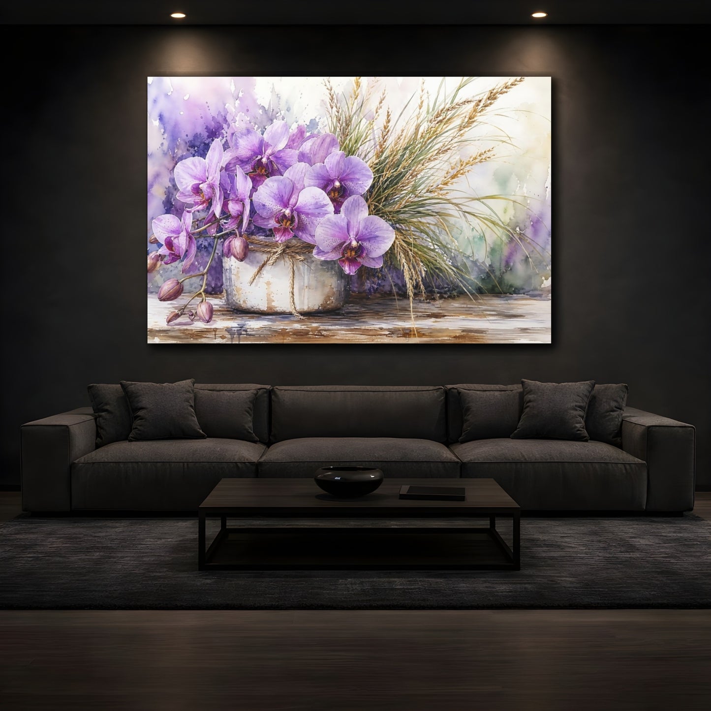 Mockup 3. Floral Orchids Purple Orchids shown as stretched canvas wall art