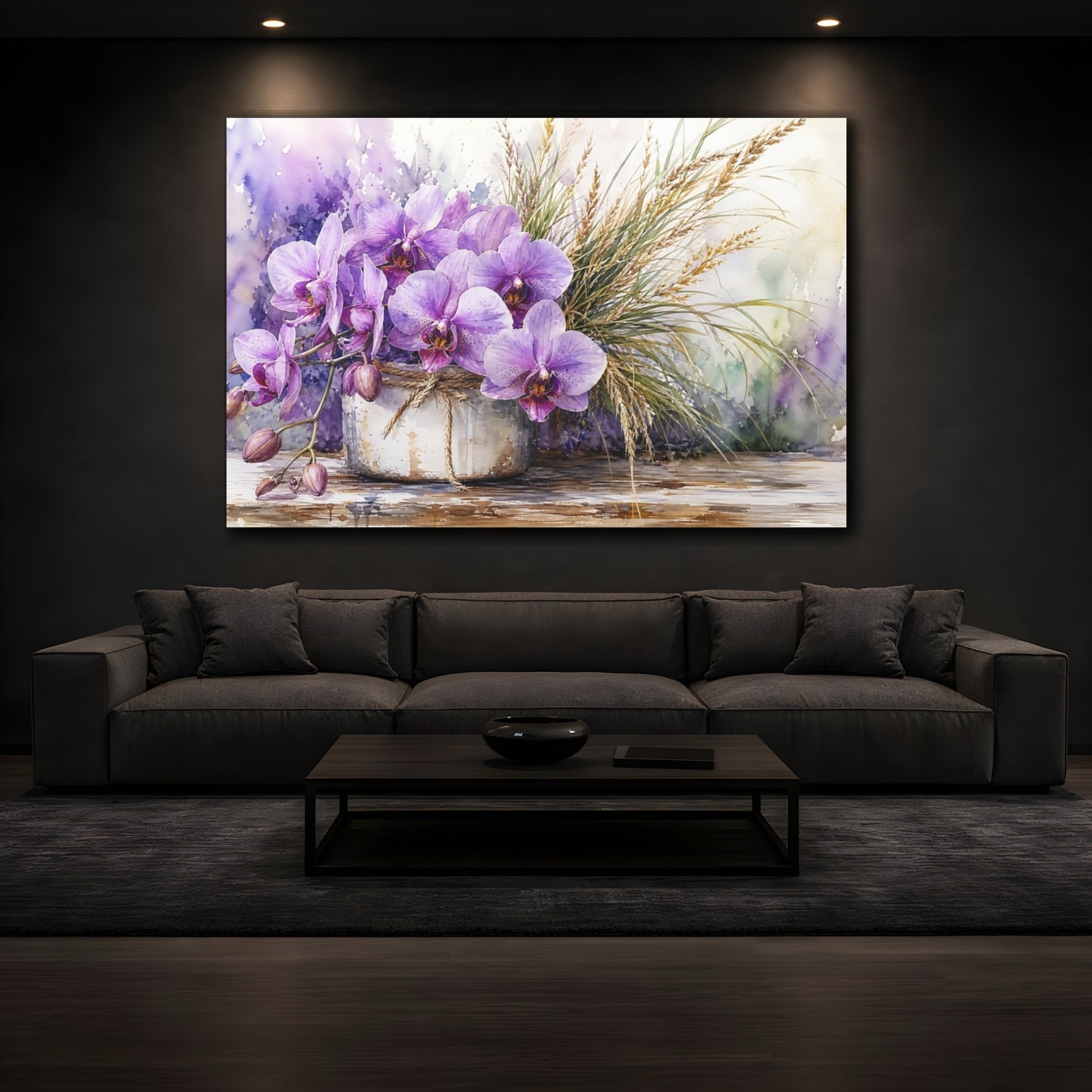 Mockup 3. Floral Orchids Purple Orchids shown as stretched canvas wall art
