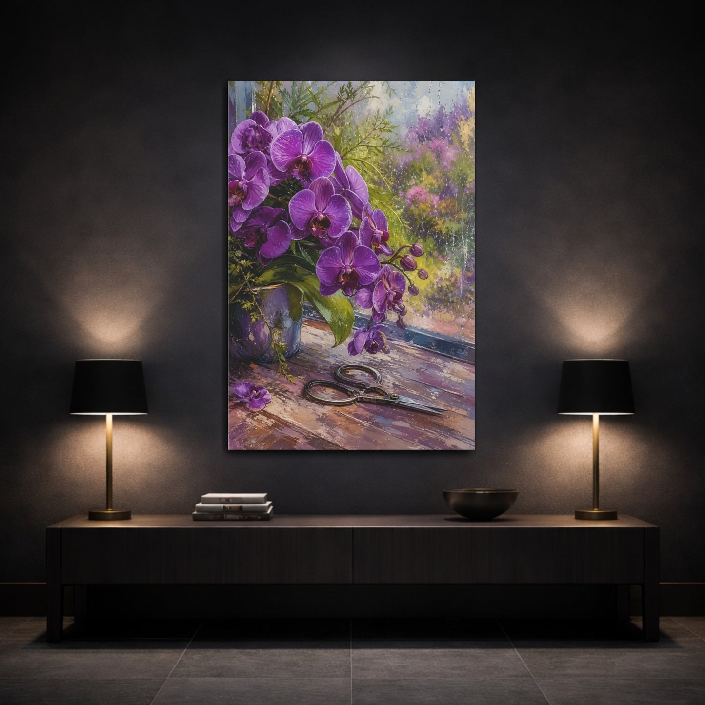 Mockup 3. Floral Orchids Purple Orchids shown as stretched canvas wall art