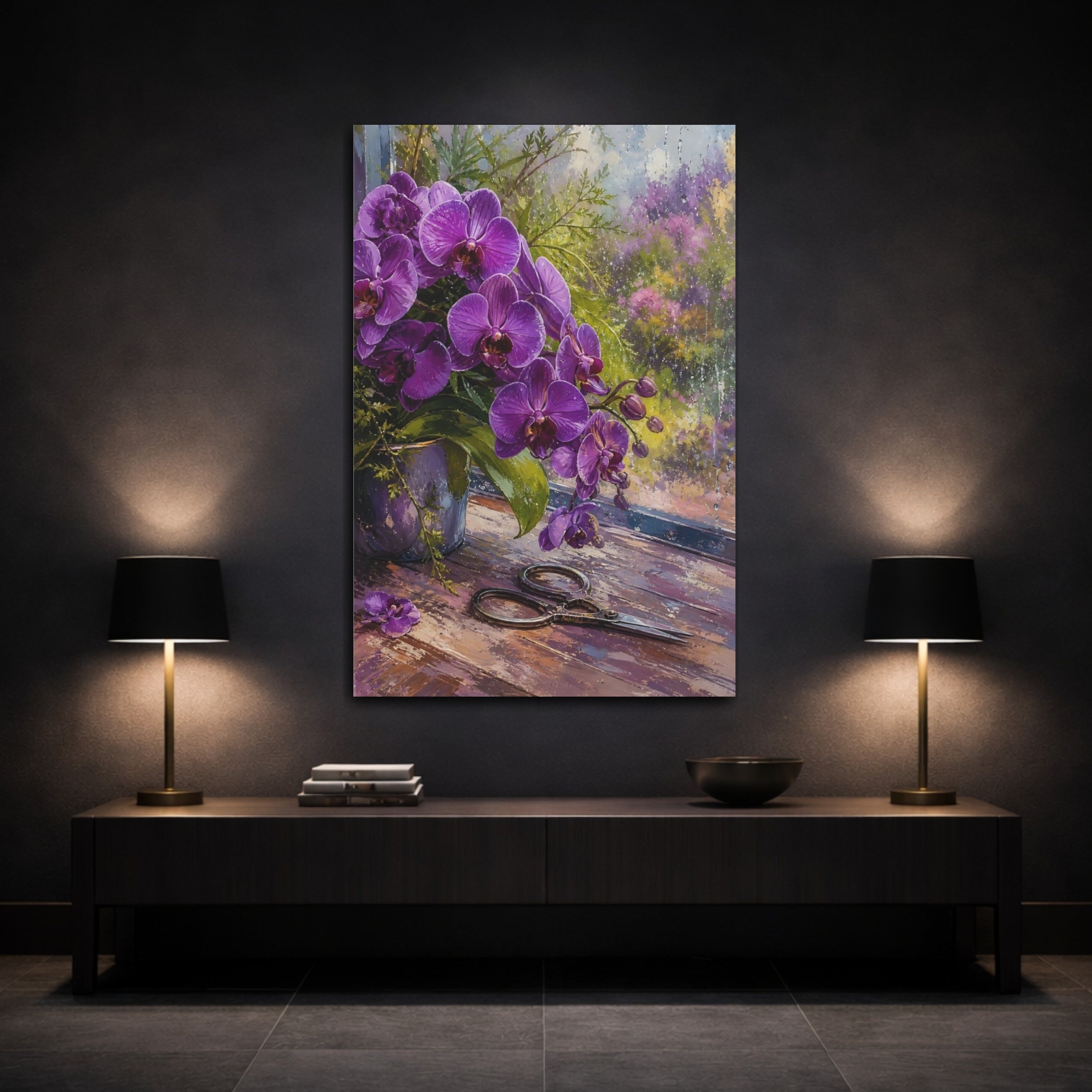 Mockup 3. Floral Orchids Purple Orchids shown as stretched canvas wall art