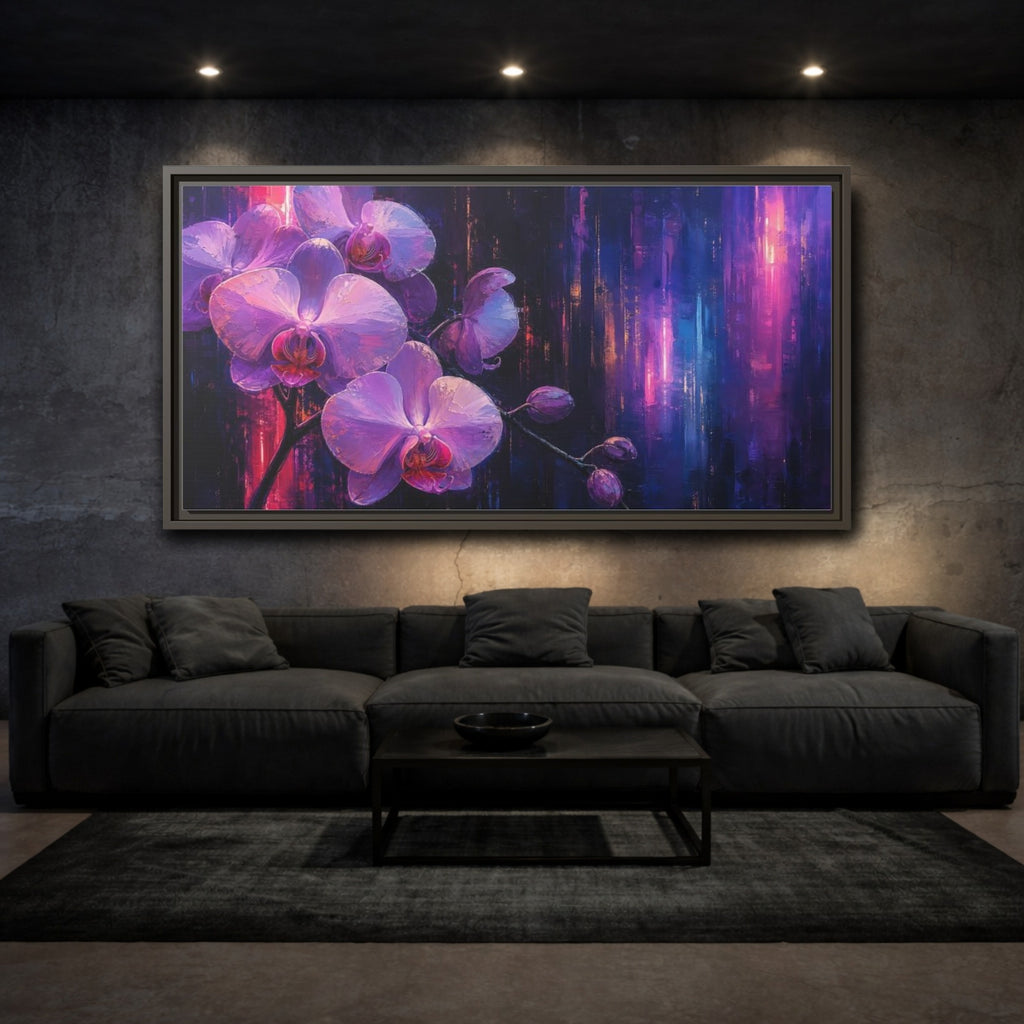 Mockup 3. Floral Orchids Purple Orchids shown as stretched canvas wall art
