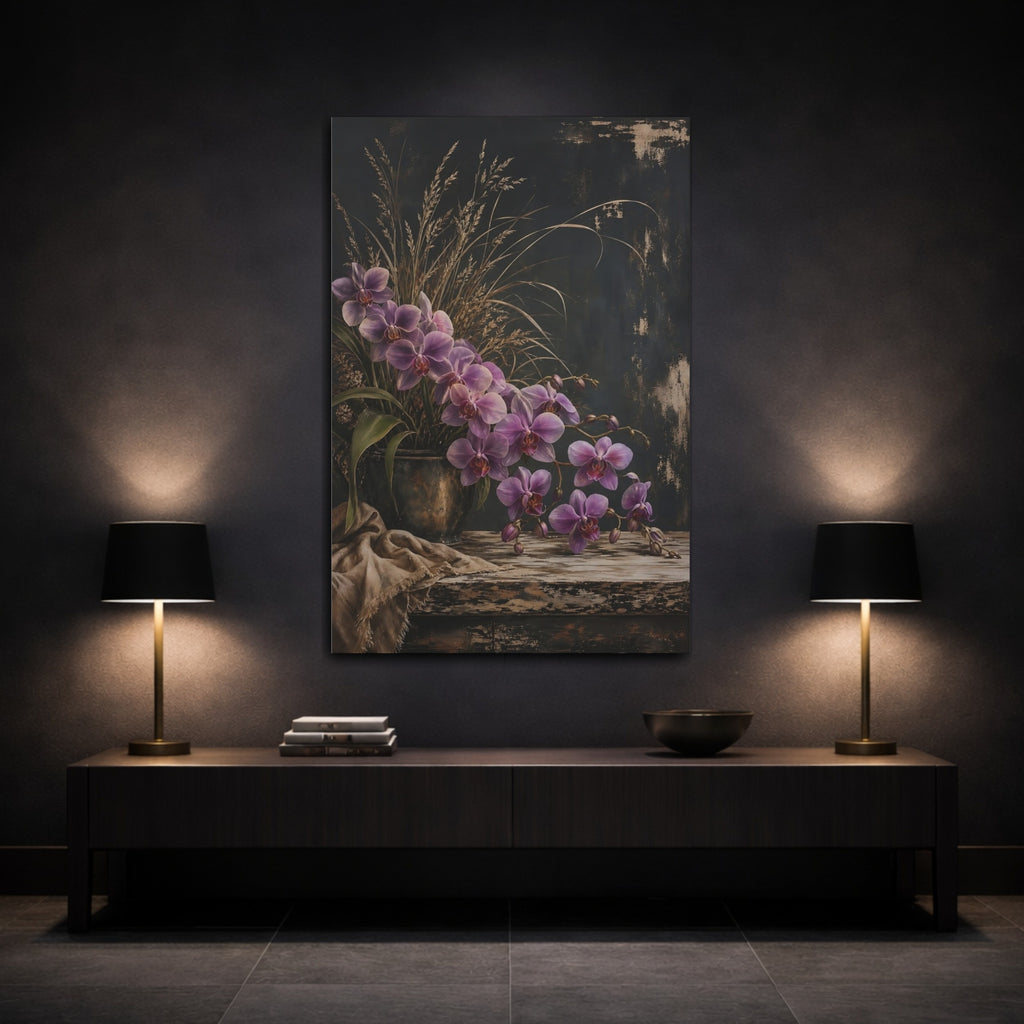 Mockup 3. Floral Orchids Purple Orchids shown as stretched canvas wall art