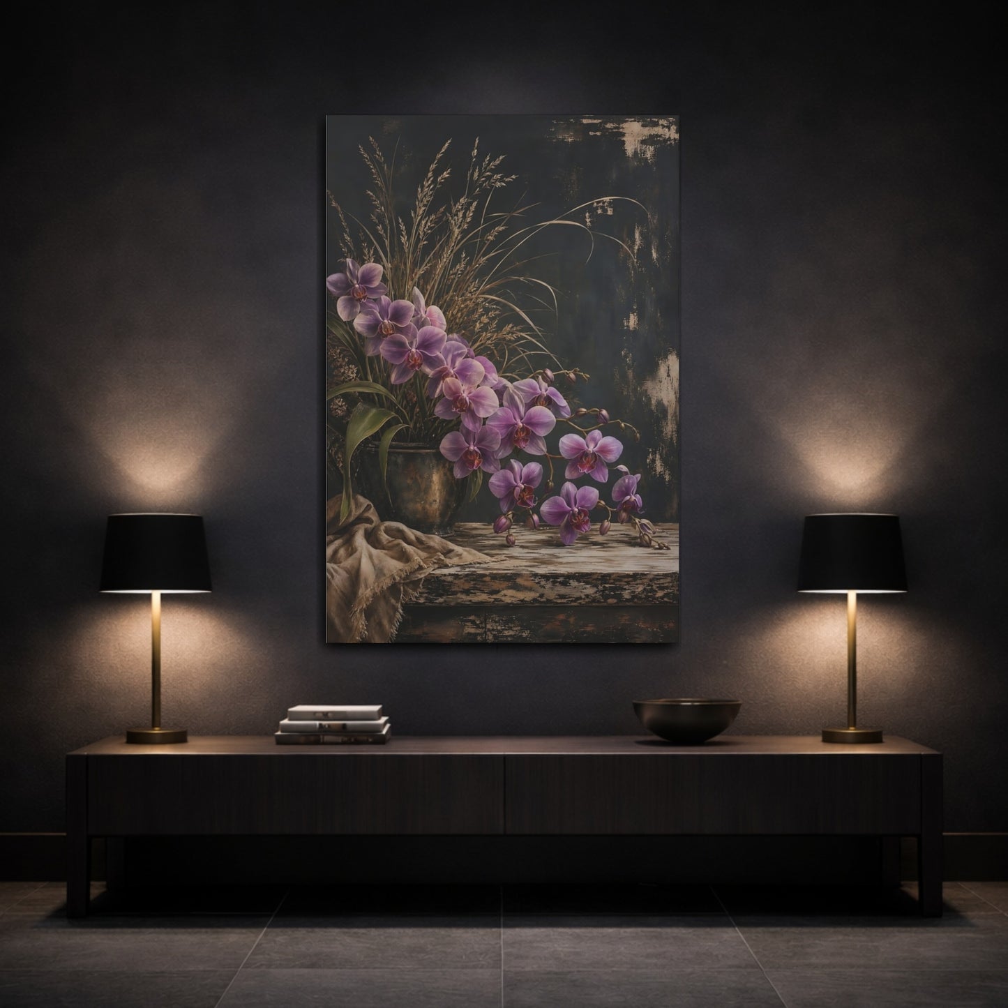 Mockup 3. Floral Orchids Purple Orchids shown as stretched canvas wall art