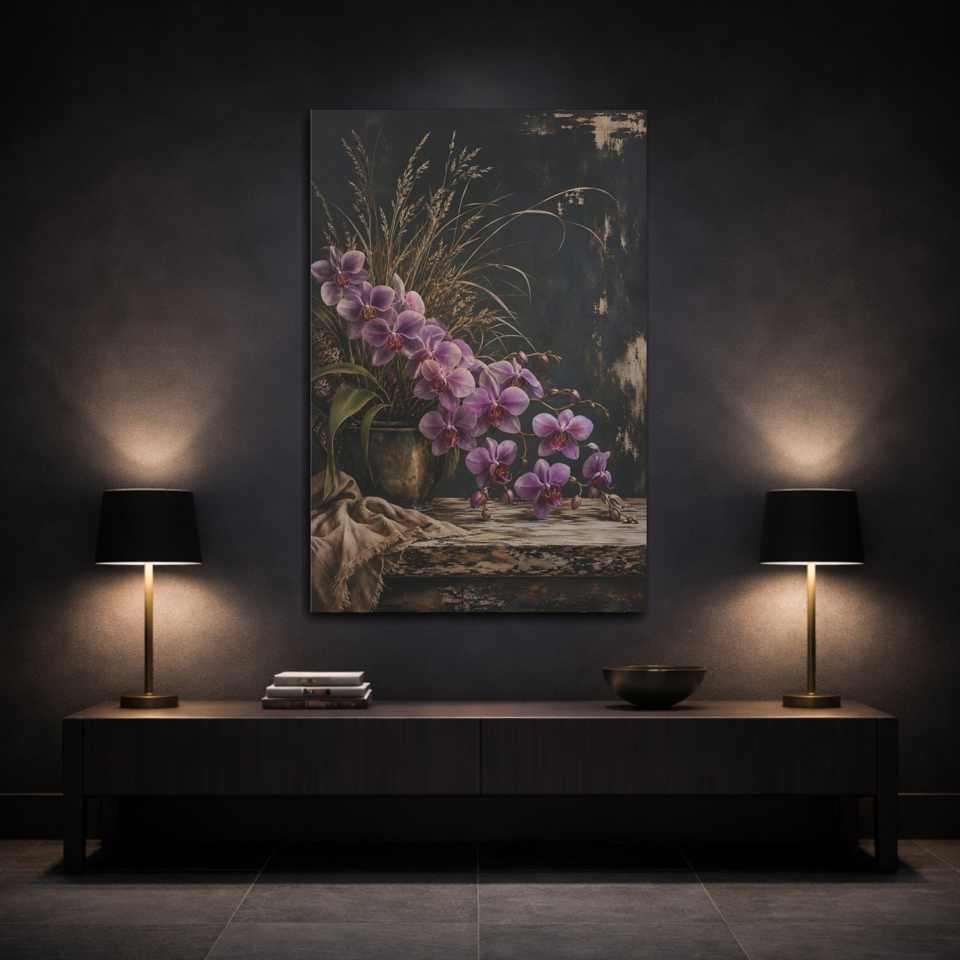 Mockup 3. Floral Orchids Purple Orchids shown as stretched canvas wall art