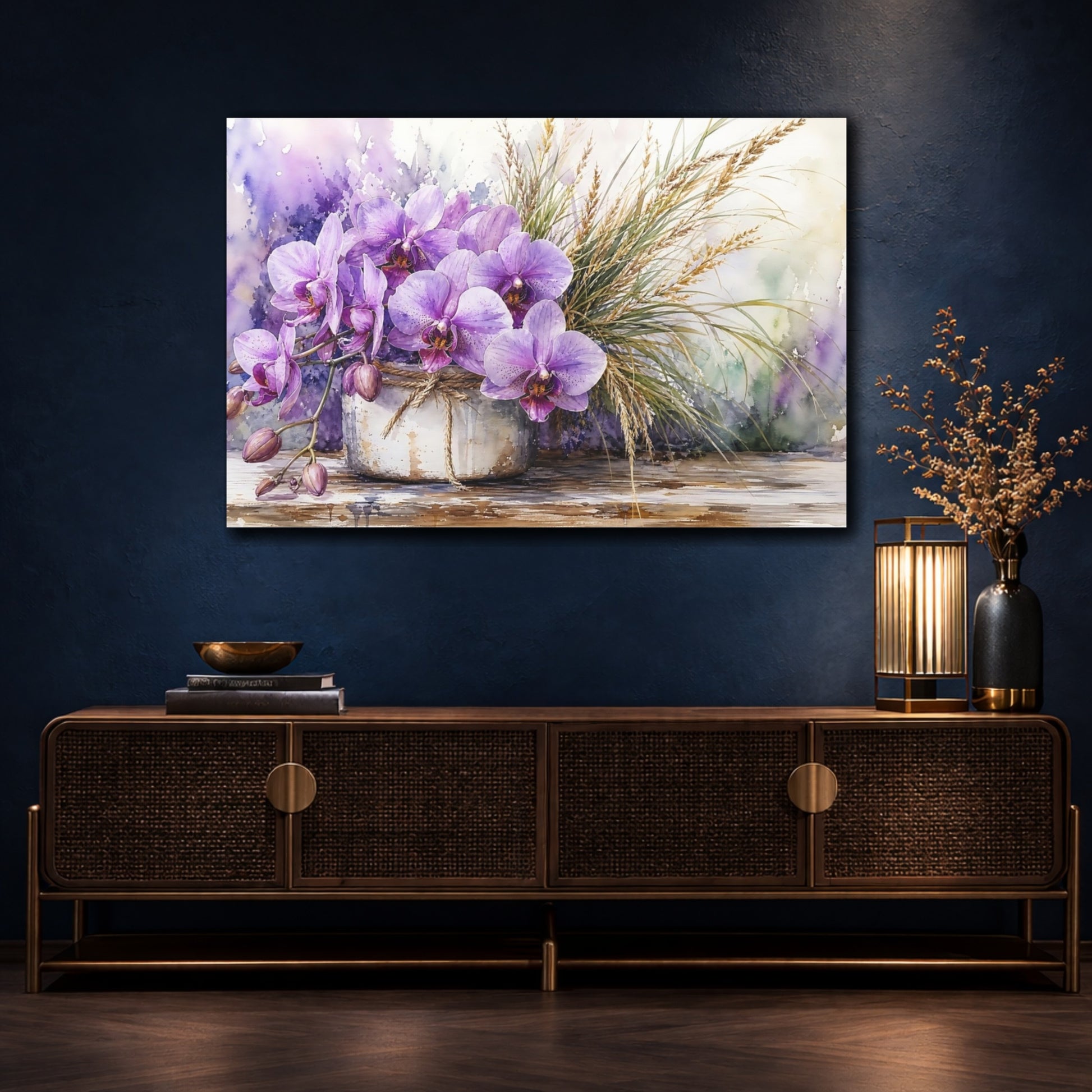 Mockup 4. Floral Orchids Purple Orchids shown as stretched canvas wall art