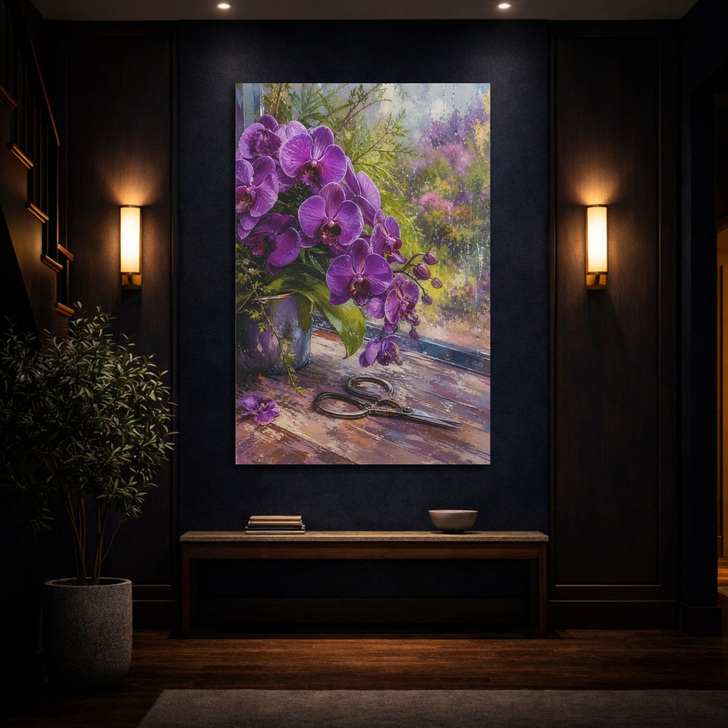Mockup 4. Floral Orchids Purple Orchids shown as stretched canvas wall art
