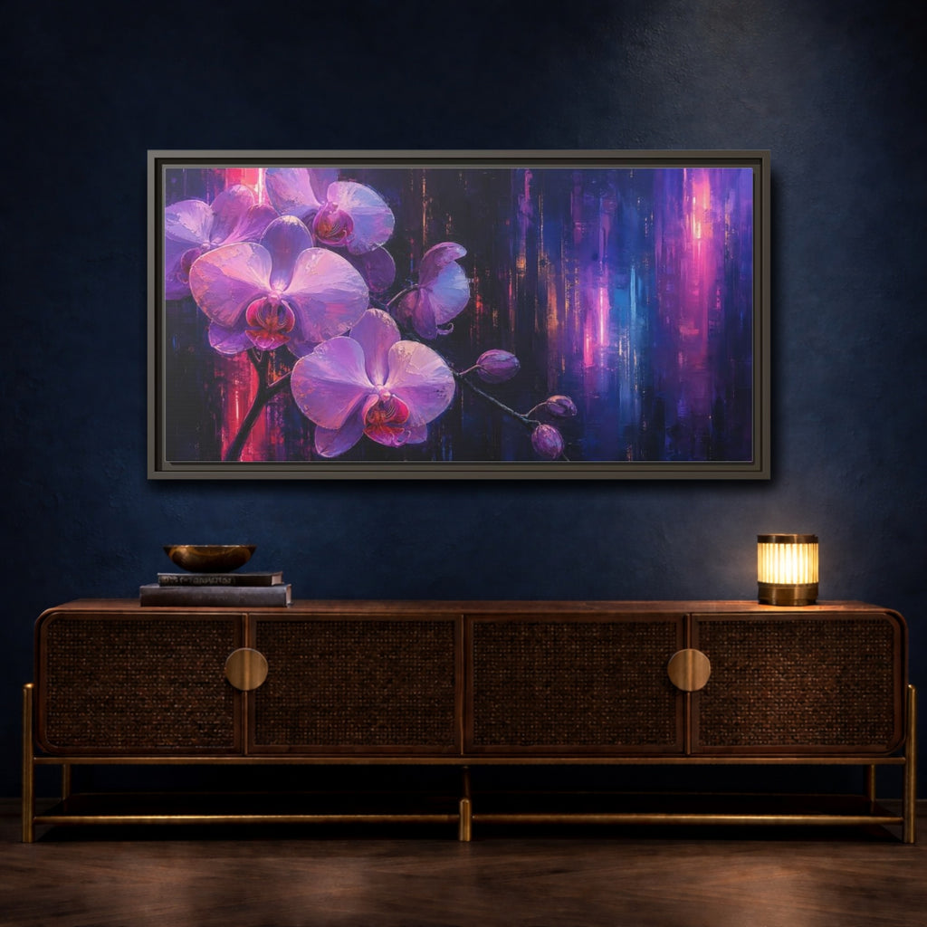 Mockup 4. Floral Orchids Purple Orchids shown as stretched canvas wall art
