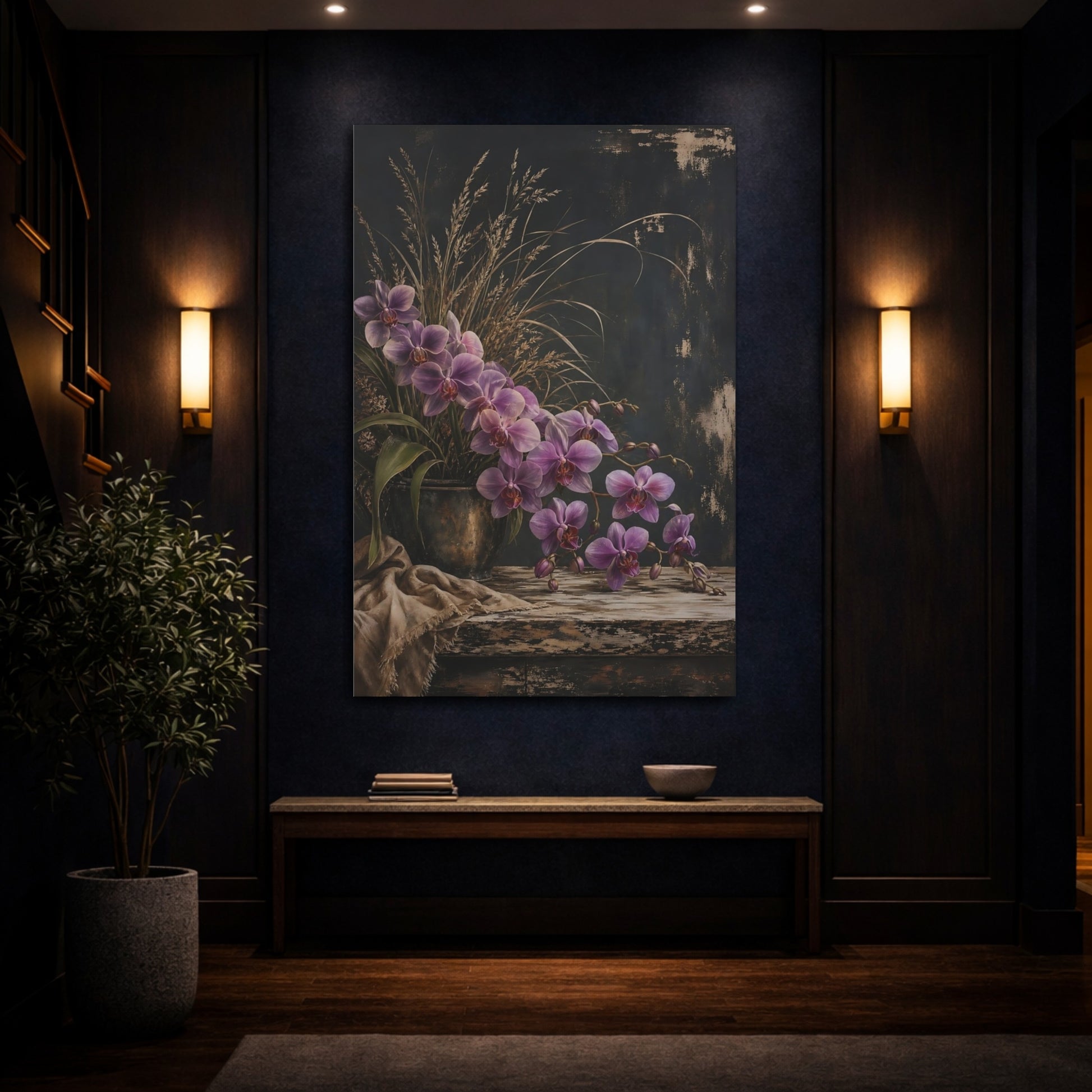 Mockup 4. Floral Orchids Purple Orchids shown as stretched canvas wall art