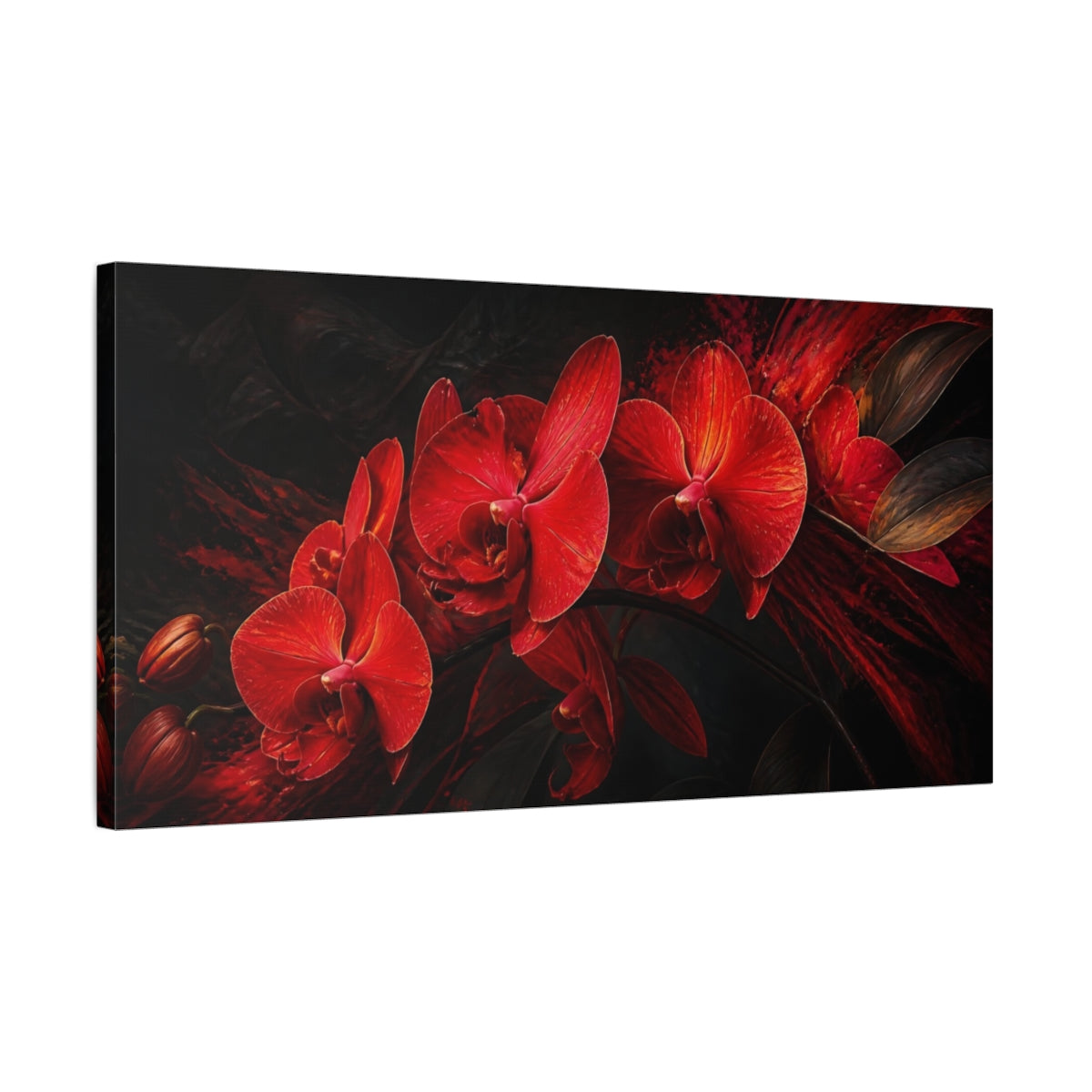 Side Mockup 1. Floral Orchids Red Orchids Dark shown as stretched canvas wall art
