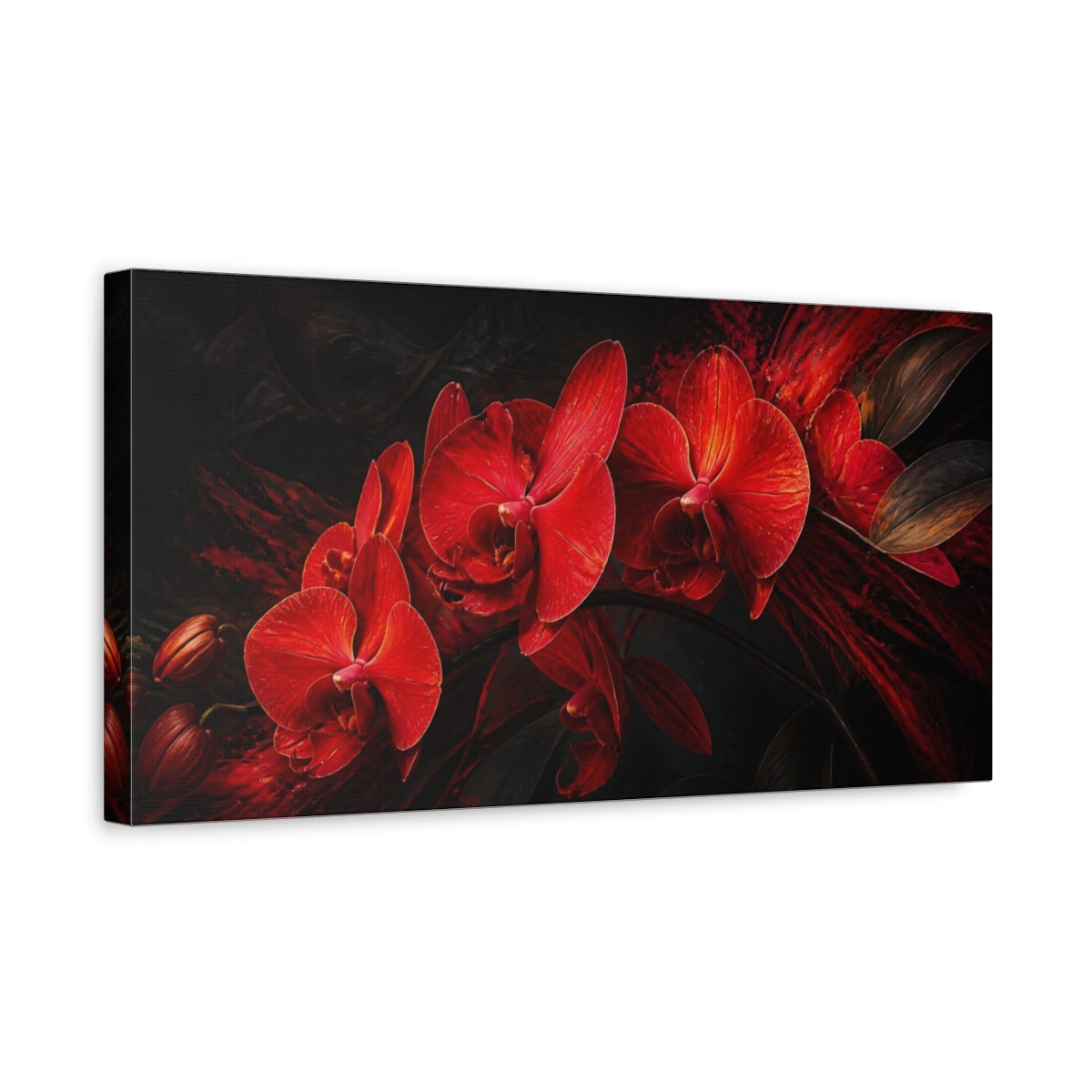 Side Mockup 3. Floral Orchids Red Orchids Dark shown as stretched canvas wall art