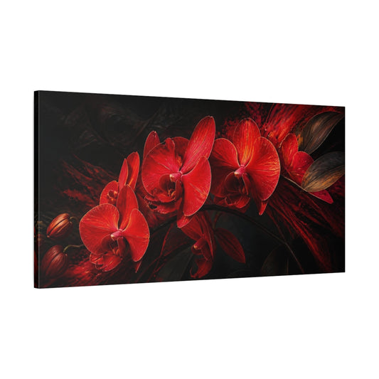 Main Mockup. Floral Orchids Red Orchids Dark shown as stretched canvas wall art