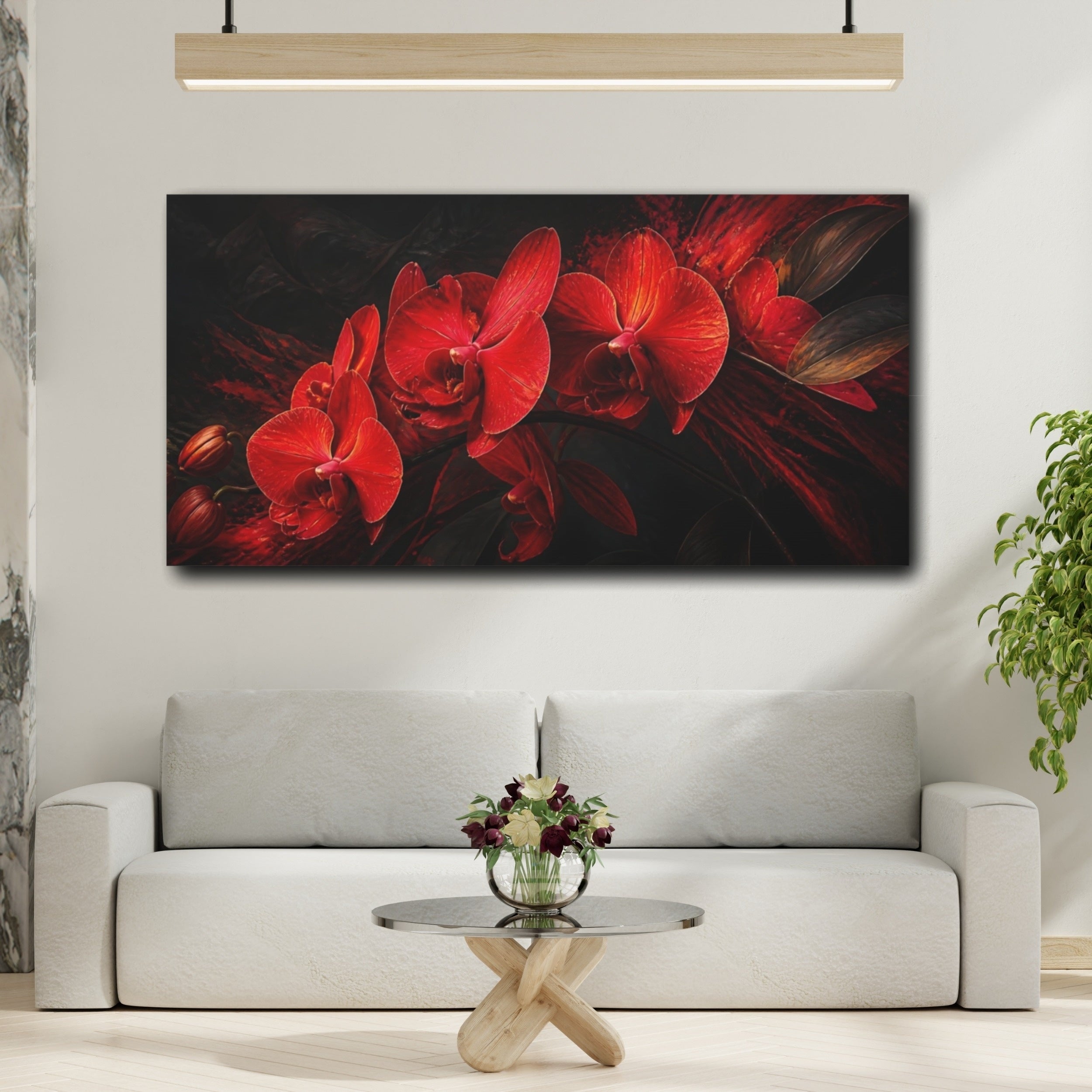 Mockup 2. Floral Orchids Red Orchids Dark shown as stretched canvas wall art