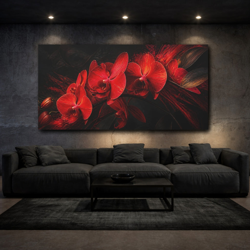 Mockup 3. Floral Orchids Red Orchids Dark shown as stretched canvas wall art