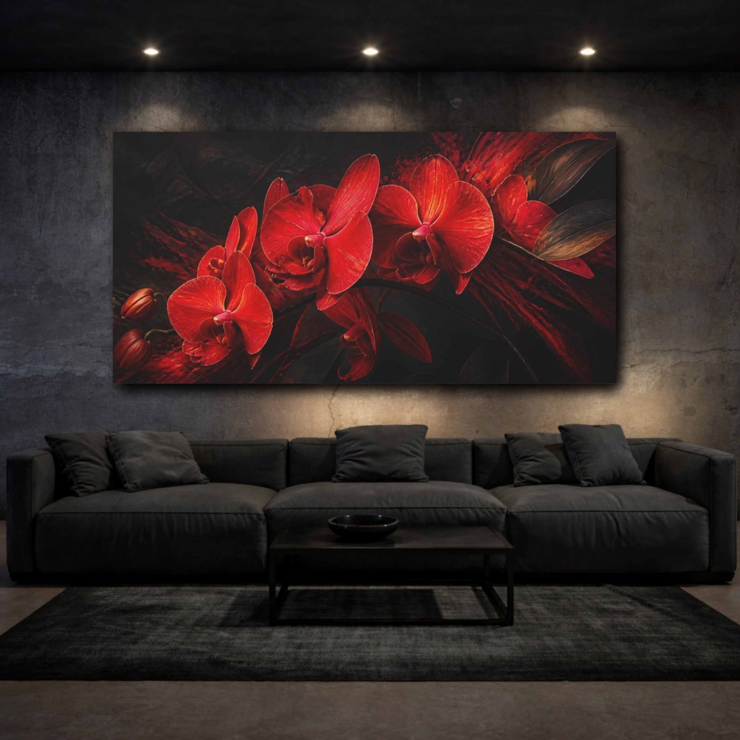 Mockup 3. Floral Orchids Red Orchids Dark shown as stretched canvas wall art