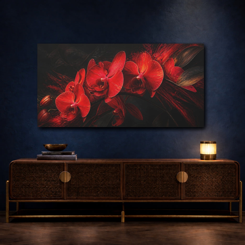 Mockup 4. Floral Orchids Red Orchids Dark shown as stretched canvas wall art